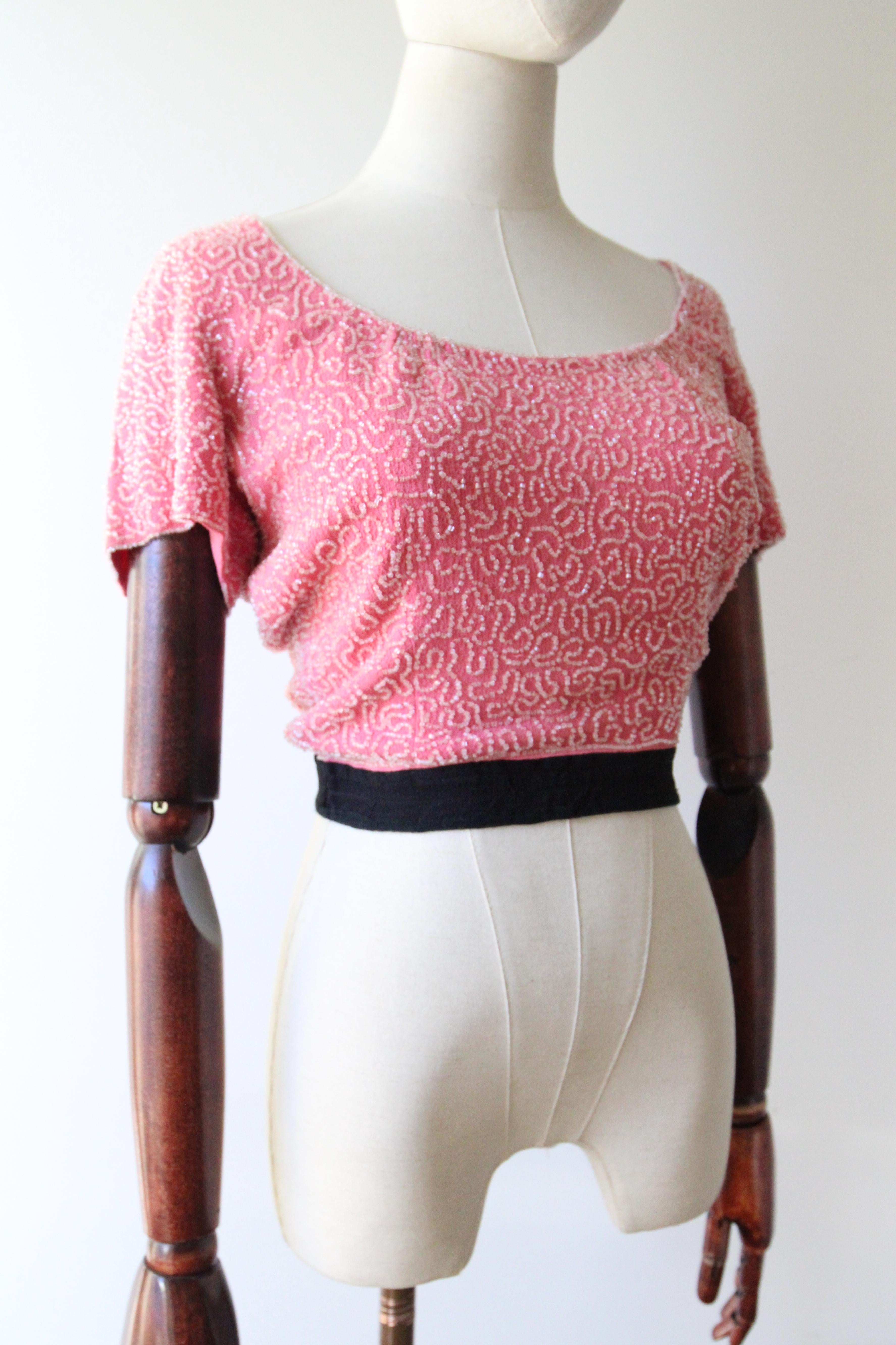 Vintage 1930 Pink Silk Beaded Blouse 1930's Pink Crepe Silk Beaded Top UK 6 in vendita 1