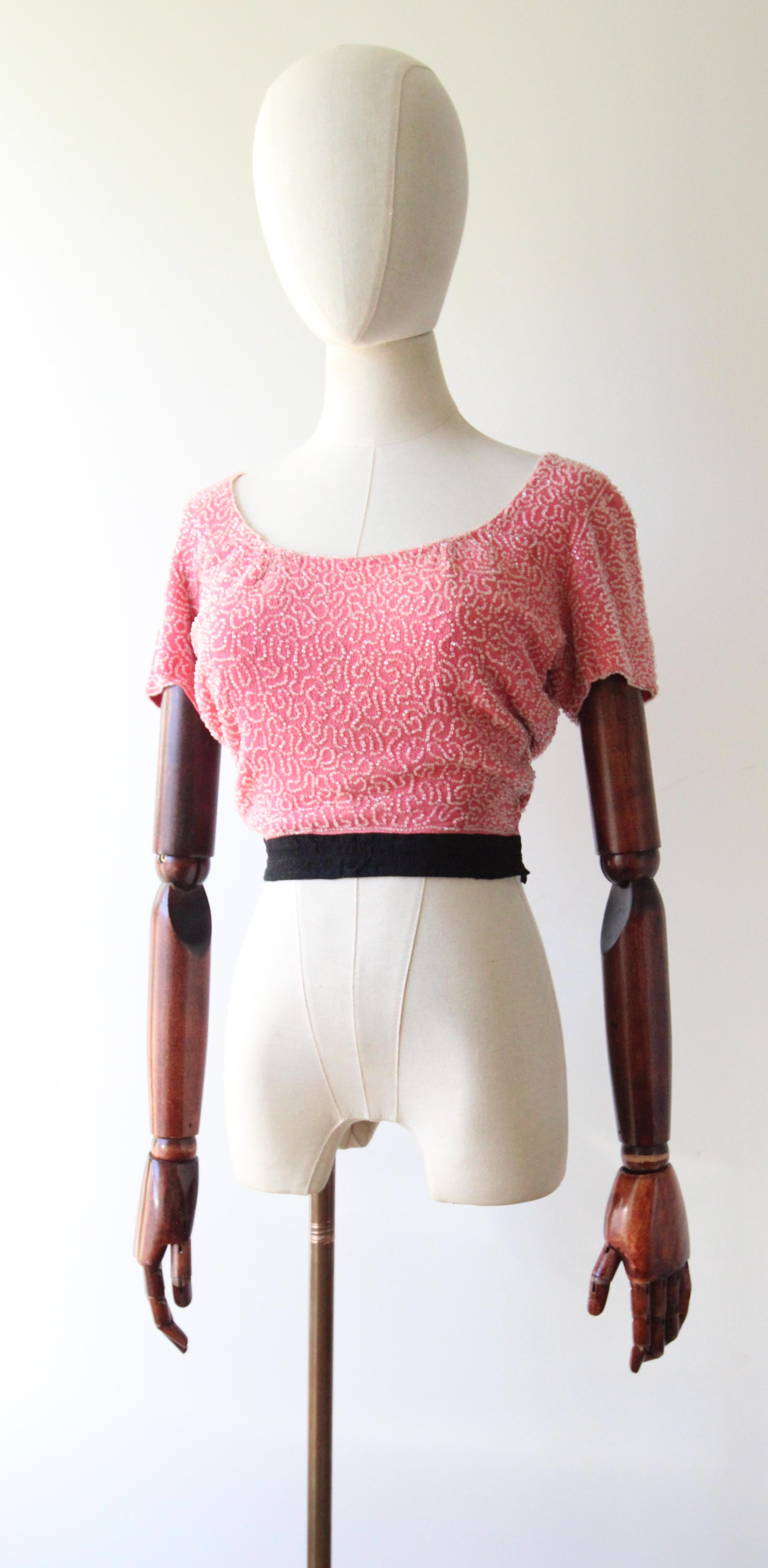 Vintage 1930 Pink Silk Beaded Blouse 1930's Pink Crepe Silk Beaded Top UK 6 in vendita 2