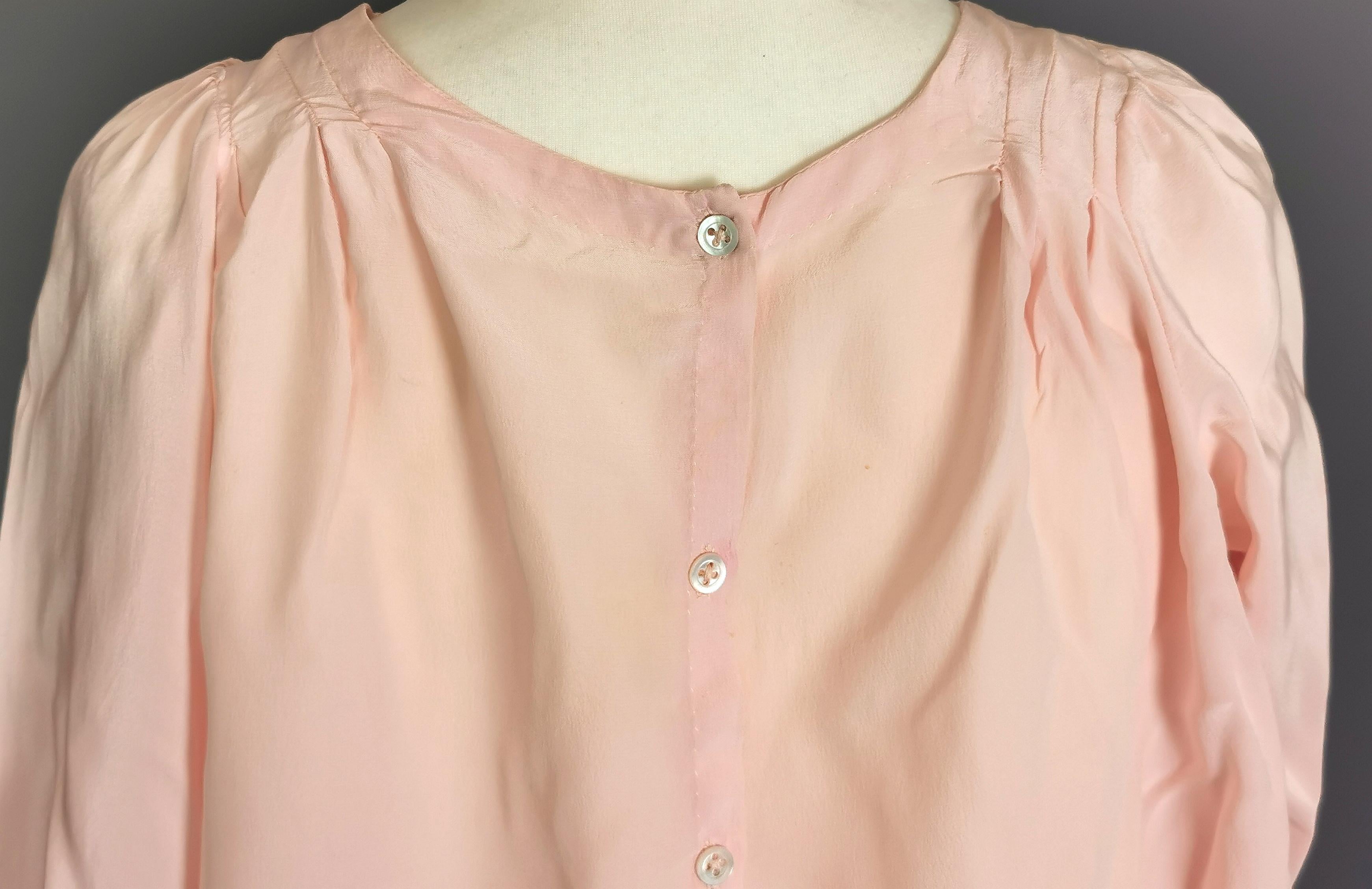 Vintage 1930's pink silk blouse, Button back  In Fair Condition In NEWARK, GB