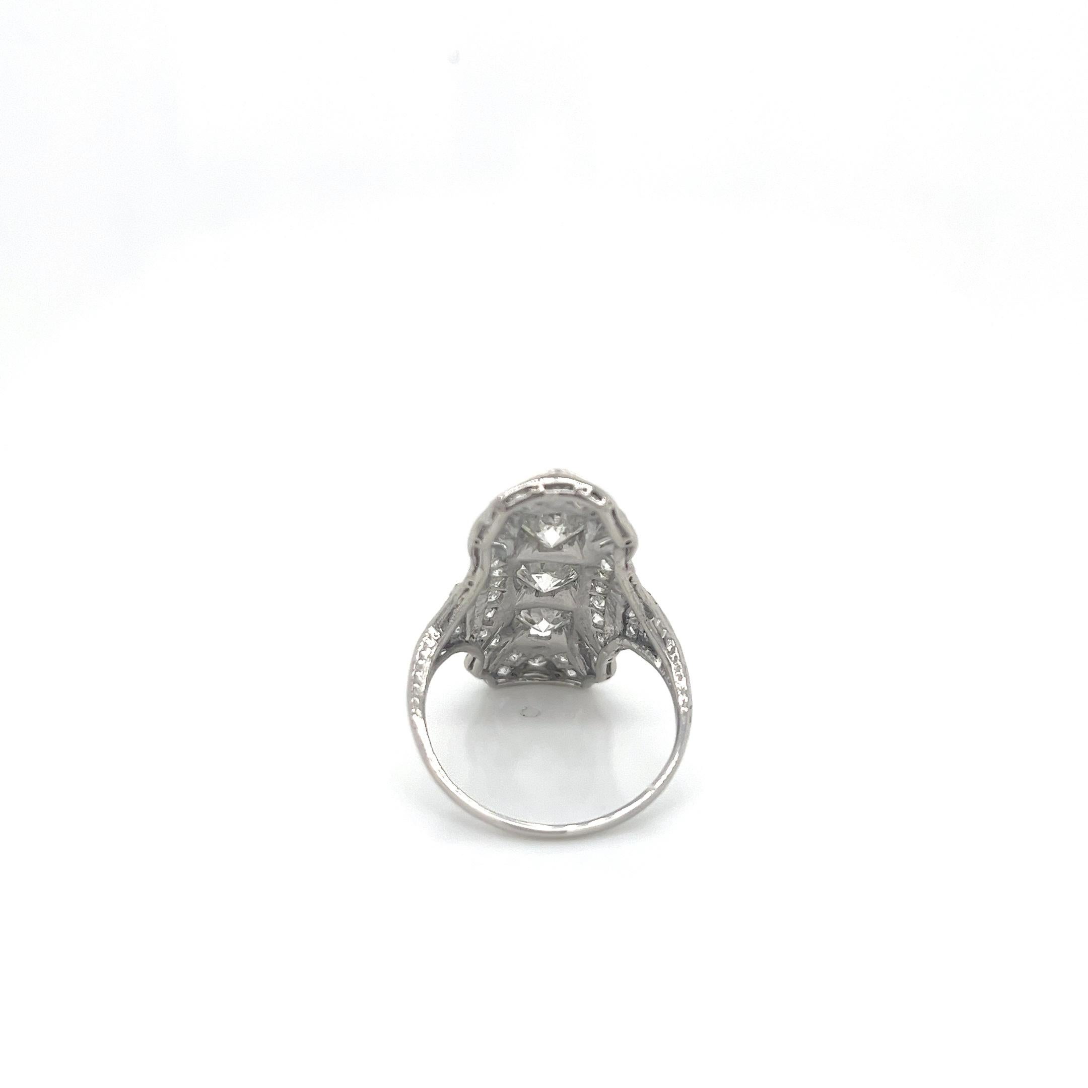 Vintage 1930's Platinum 3 Stone Diamond Dinner Ring For Sale 6