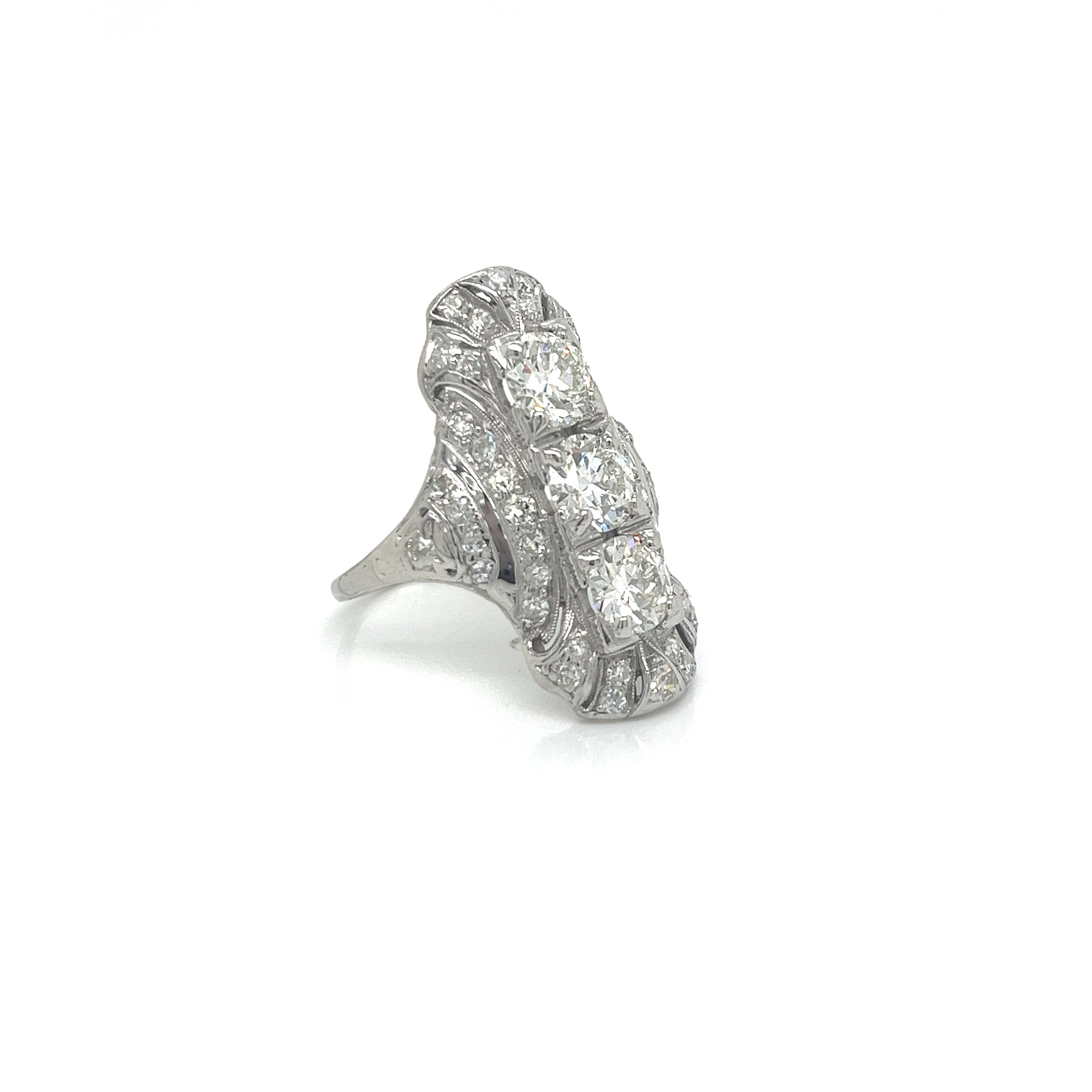 Old European Cut Vintage 1930's Platinum 3 Stone Diamond Dinner Ring For Sale