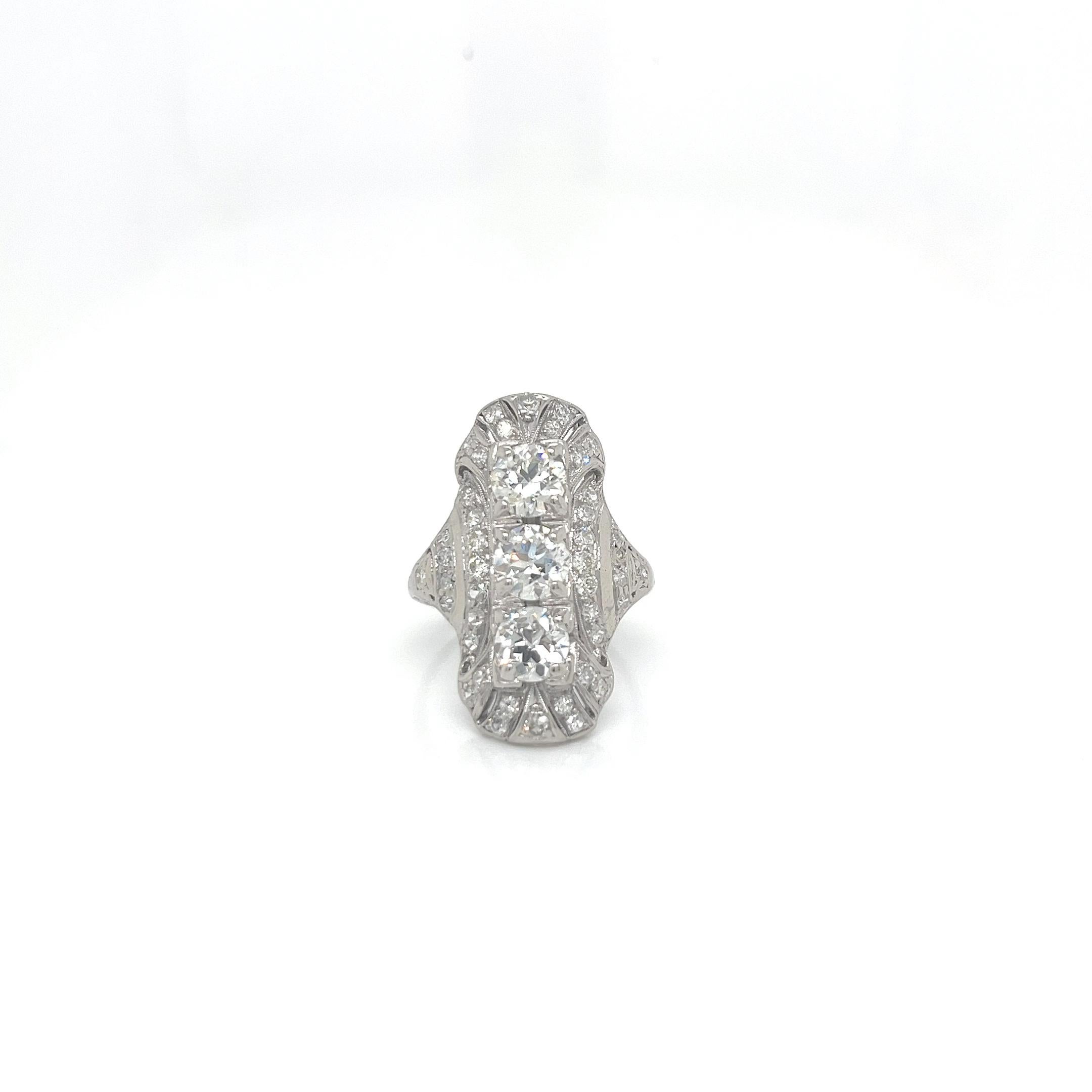 Vintage 1930's Platinum 3 Stone Diamond Dinner Ring For Sale 3