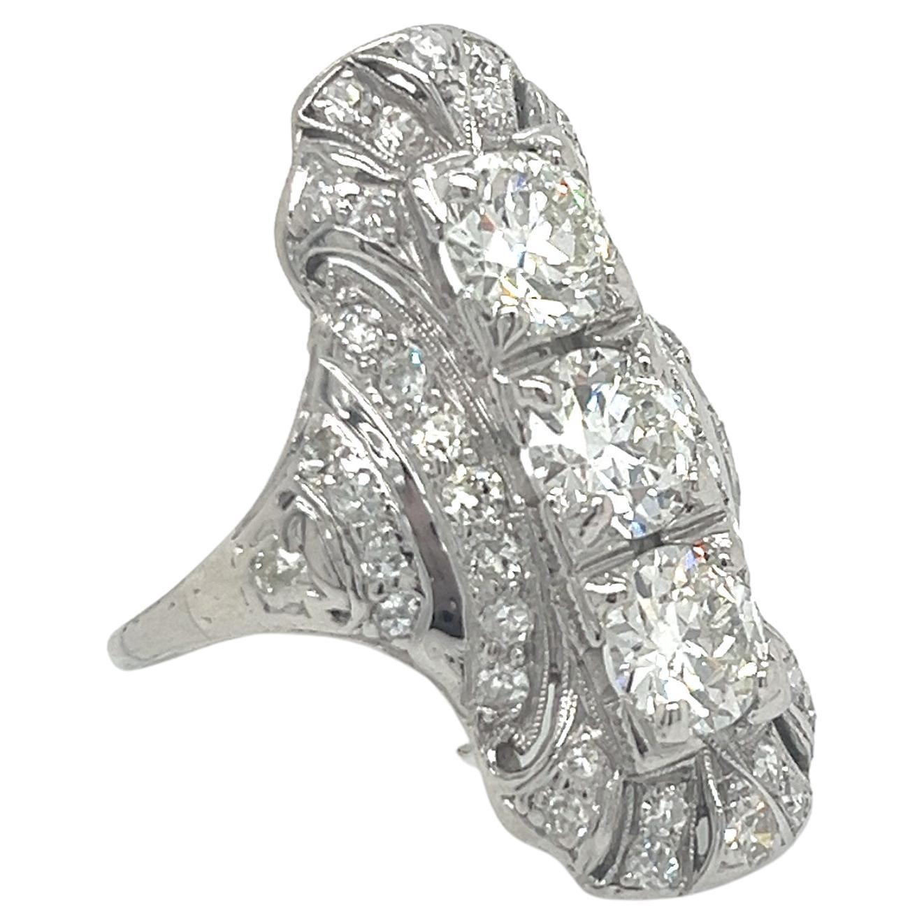 Vintage 1930's Platinum 3 Stone Diamond Dinner Ring For Sale