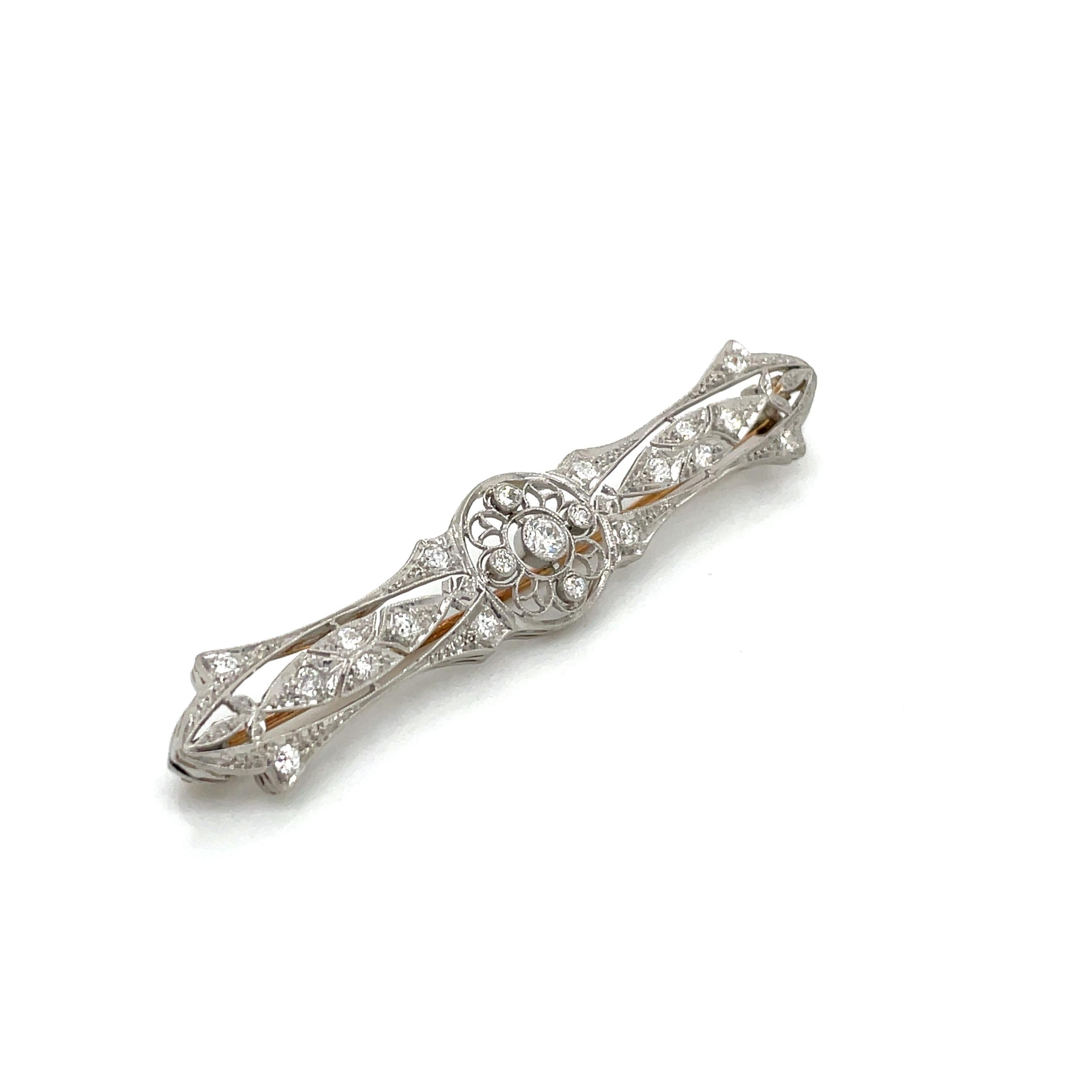 Old European Cut Vintage 1930'S Platinum Art Deco Diamond Pin For Sale