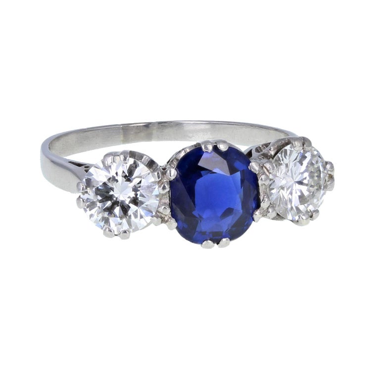 Vintage 1930s Platinum Blue Sapphire Diamond Three-Stone Trilogy ...
