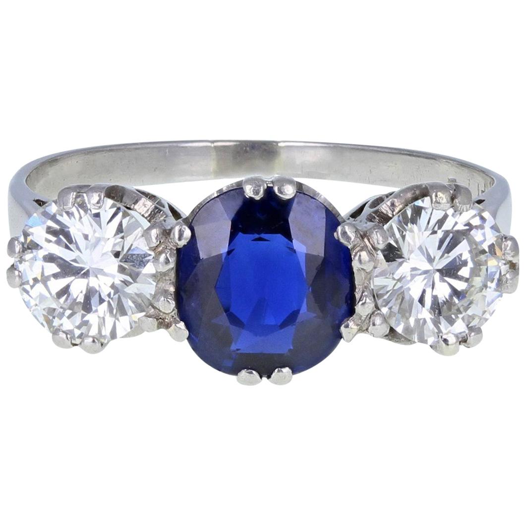 Vintage 1930s Platinum Blue Sapphire Diamond Three-Stone Trilogy Engagement Ring For Sale