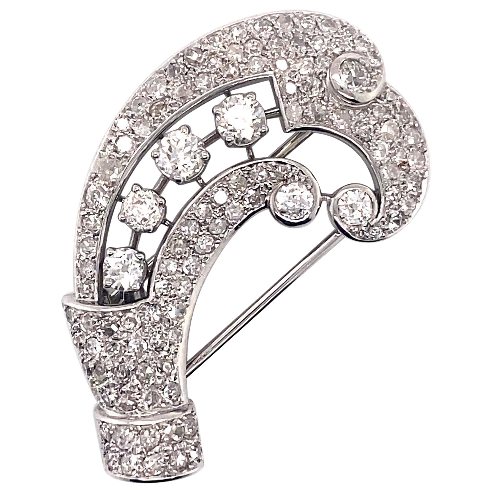 Spilla Cornucopia in platino vintage anni '30 con diamante 3,00ct