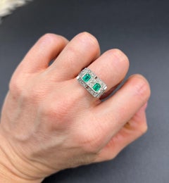 Vintage 1930s Platinum French Stamped, Emerald & Diamond Three Stone Ring
