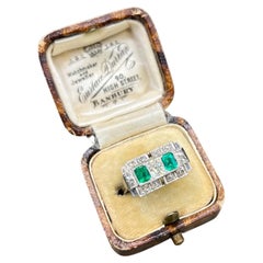 Vintage 1930s Platinum French Stamped, Emerald & Diamond Three Stone Ring