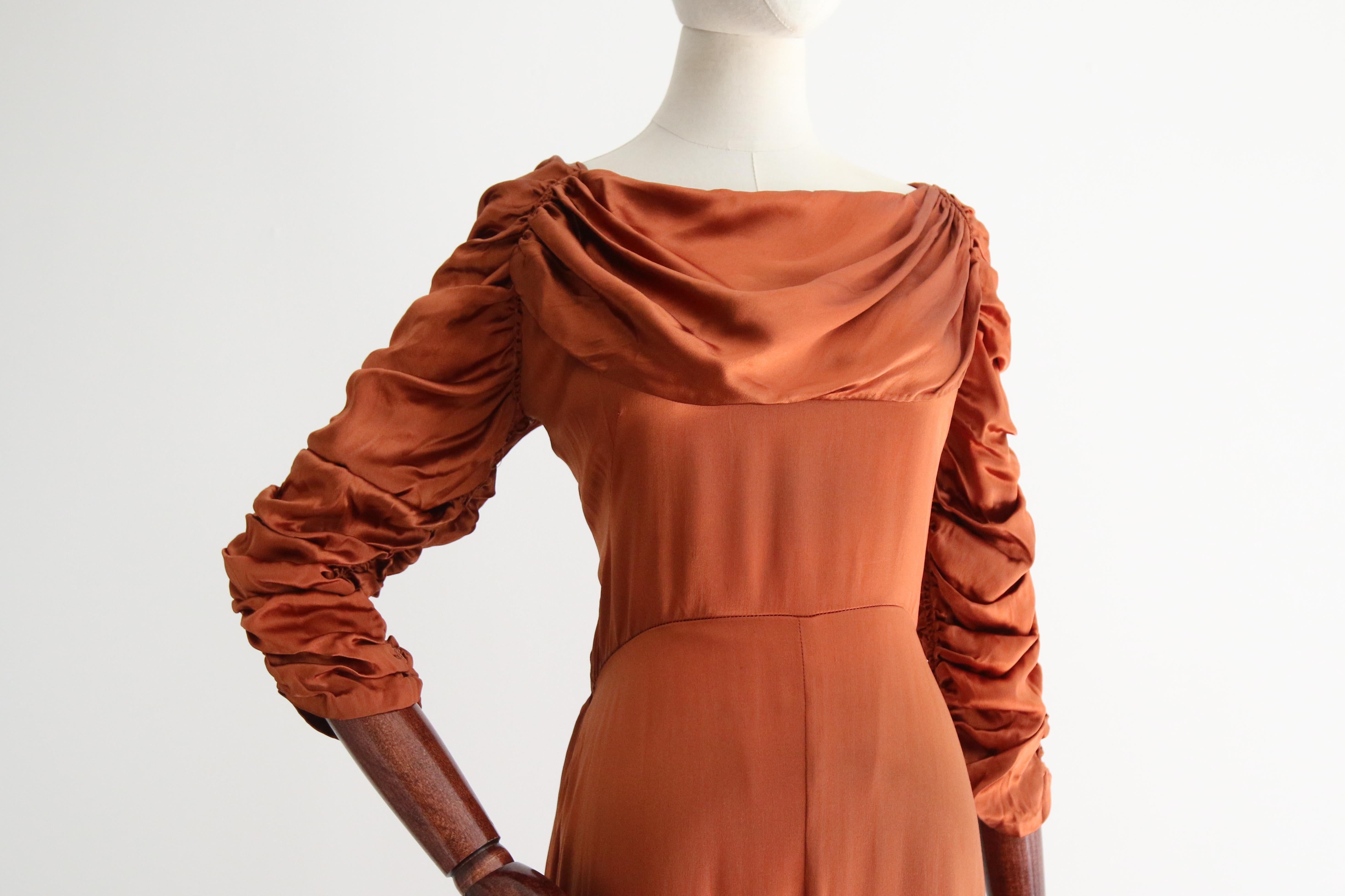 Vintage 1930's Pleated & Ruched Amber Satin Dress UK 10 US 6 For Sale 1
