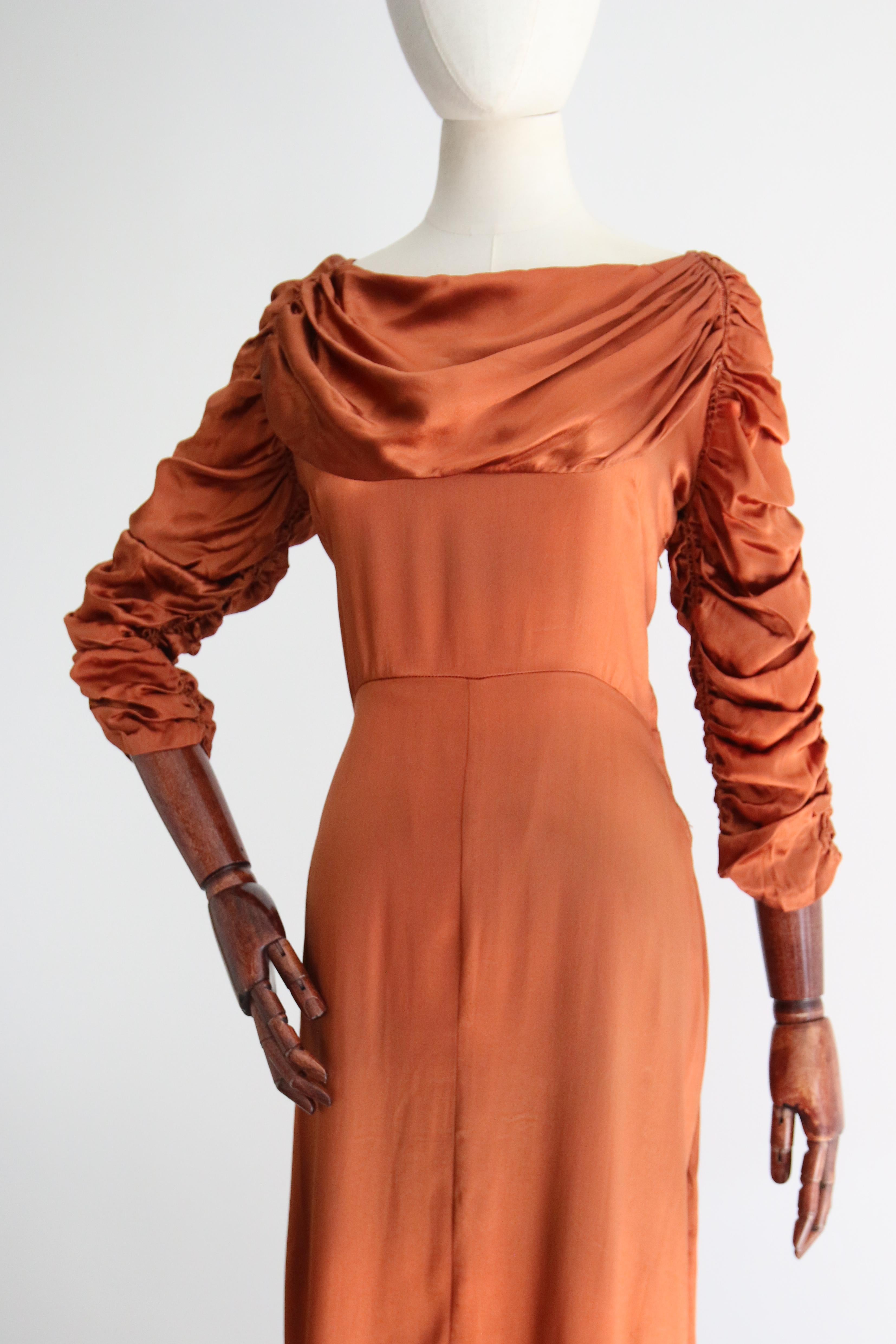 Vintage 1930's Pleated & Ruched Amber Satin Dress UK 10 US 6 For Sale 2