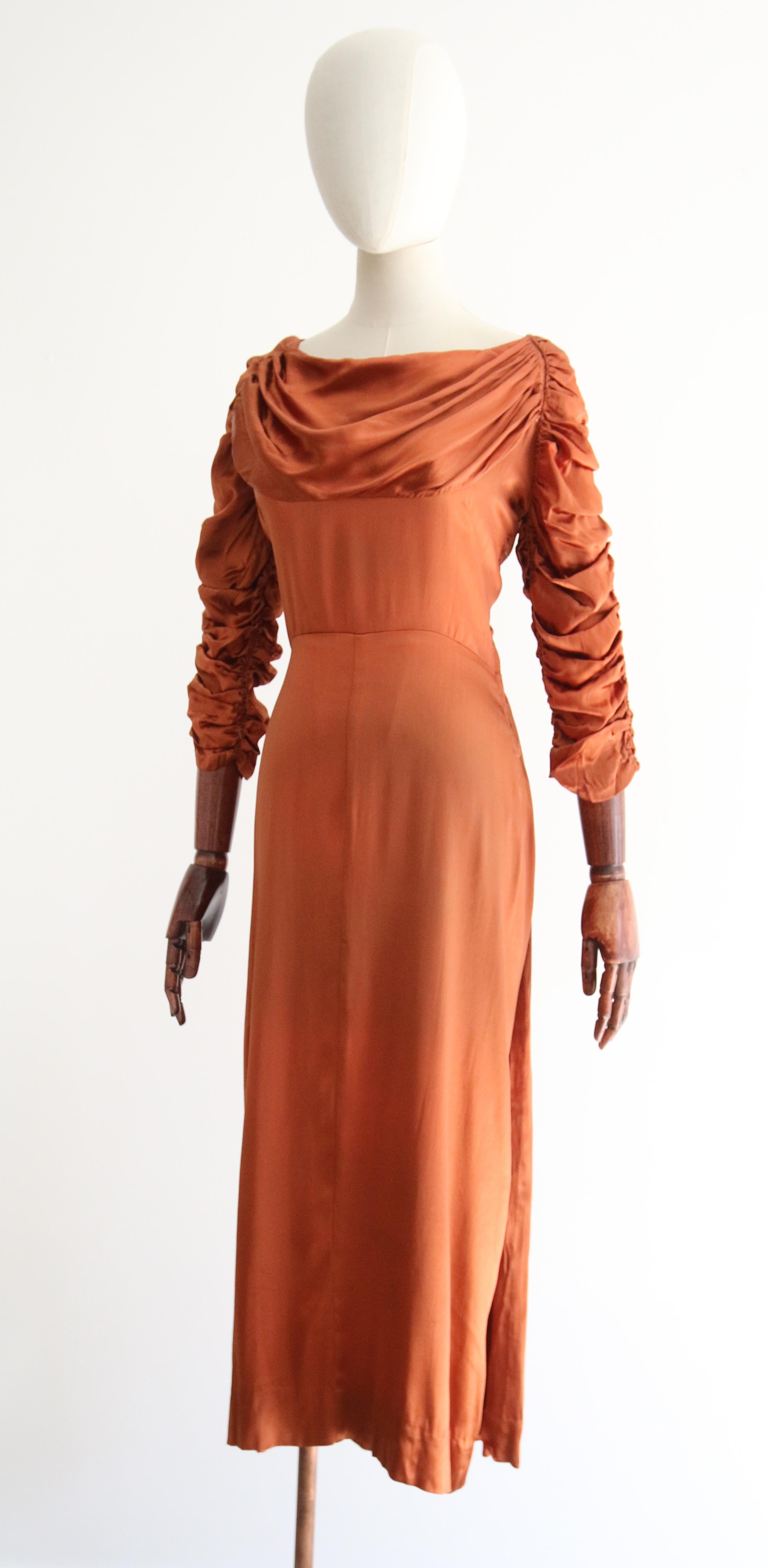 Vintage 1930's Pleated & Ruched Amber Satin Dress UK 10 US 6 For Sale 3