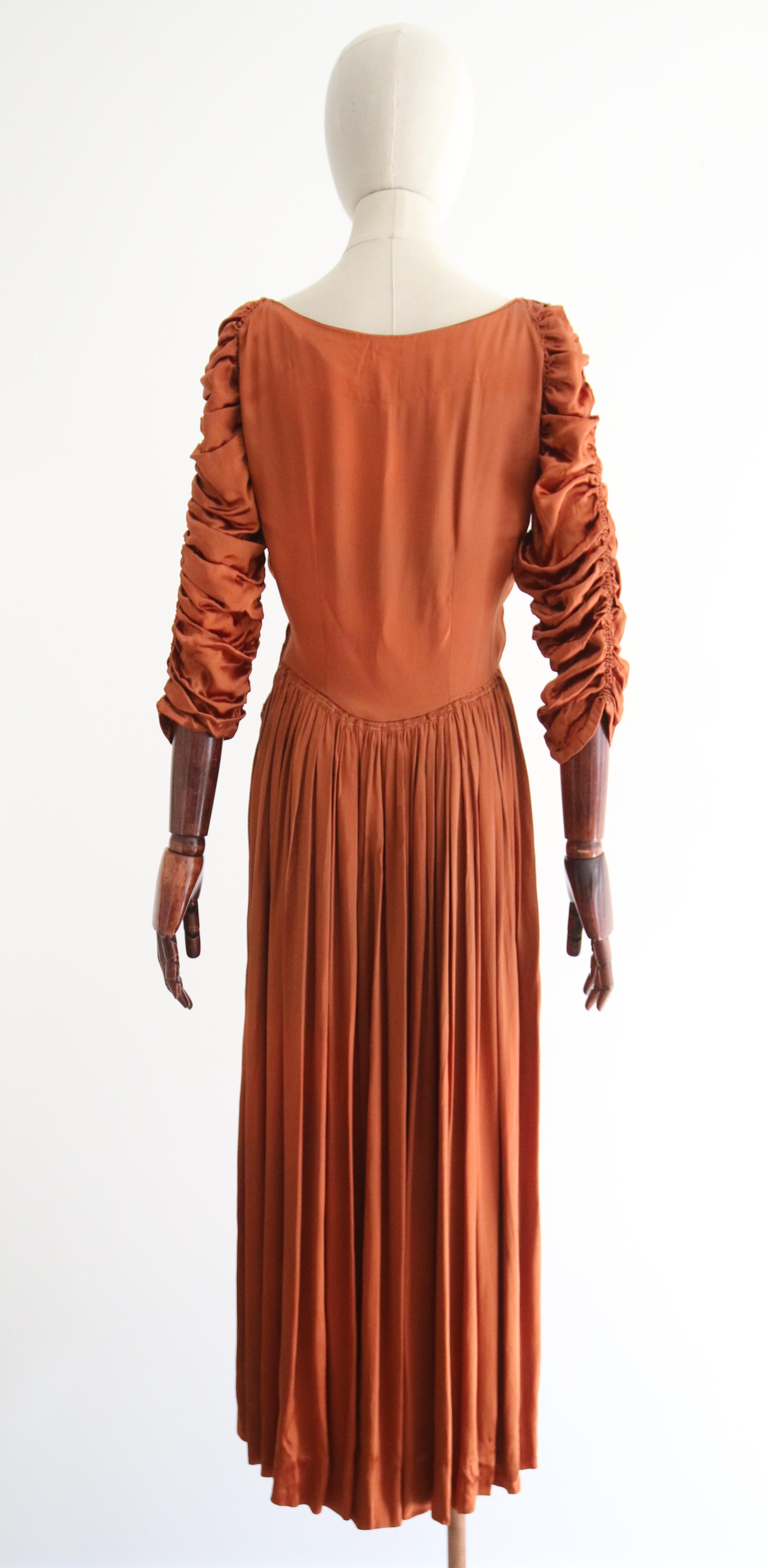 Vintage 1930's Pleated & Ruched Amber Satin Dress UK 10 US 6 For Sale 4