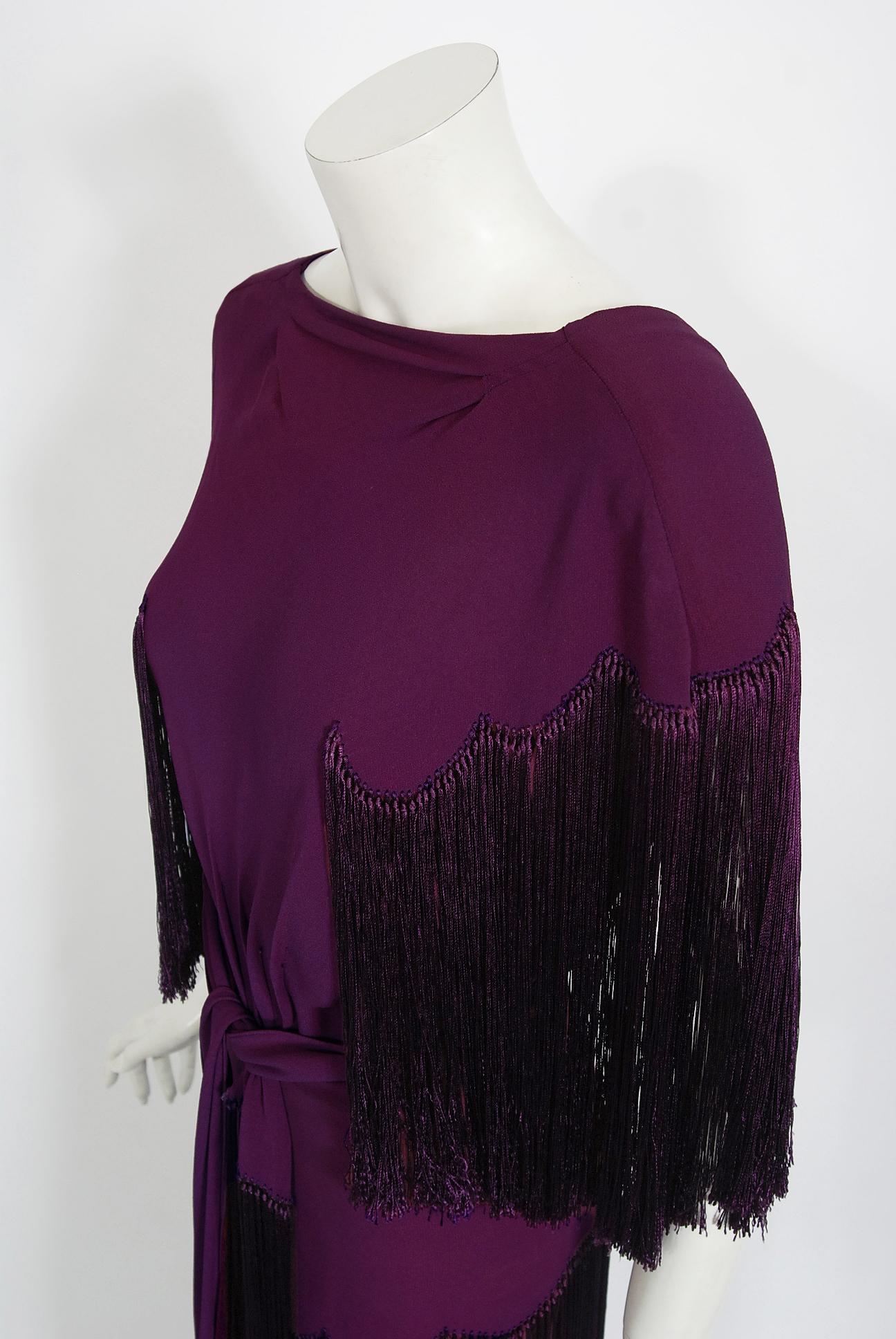 Black Vintage 1930's Plum Purple Crepe Scalloped Silk Fringe Bias-Cut Wrap Skirt Gown