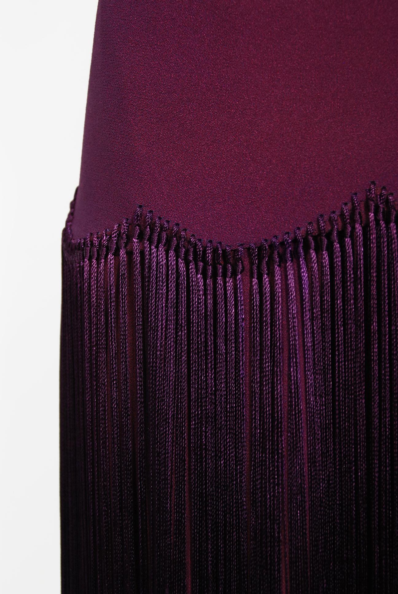 Vintage 1930's Plum Purple Crepe Scalloped Silk Fringe Bias-Cut Wrap Skirt Gown In Good Condition In Beverly Hills, CA