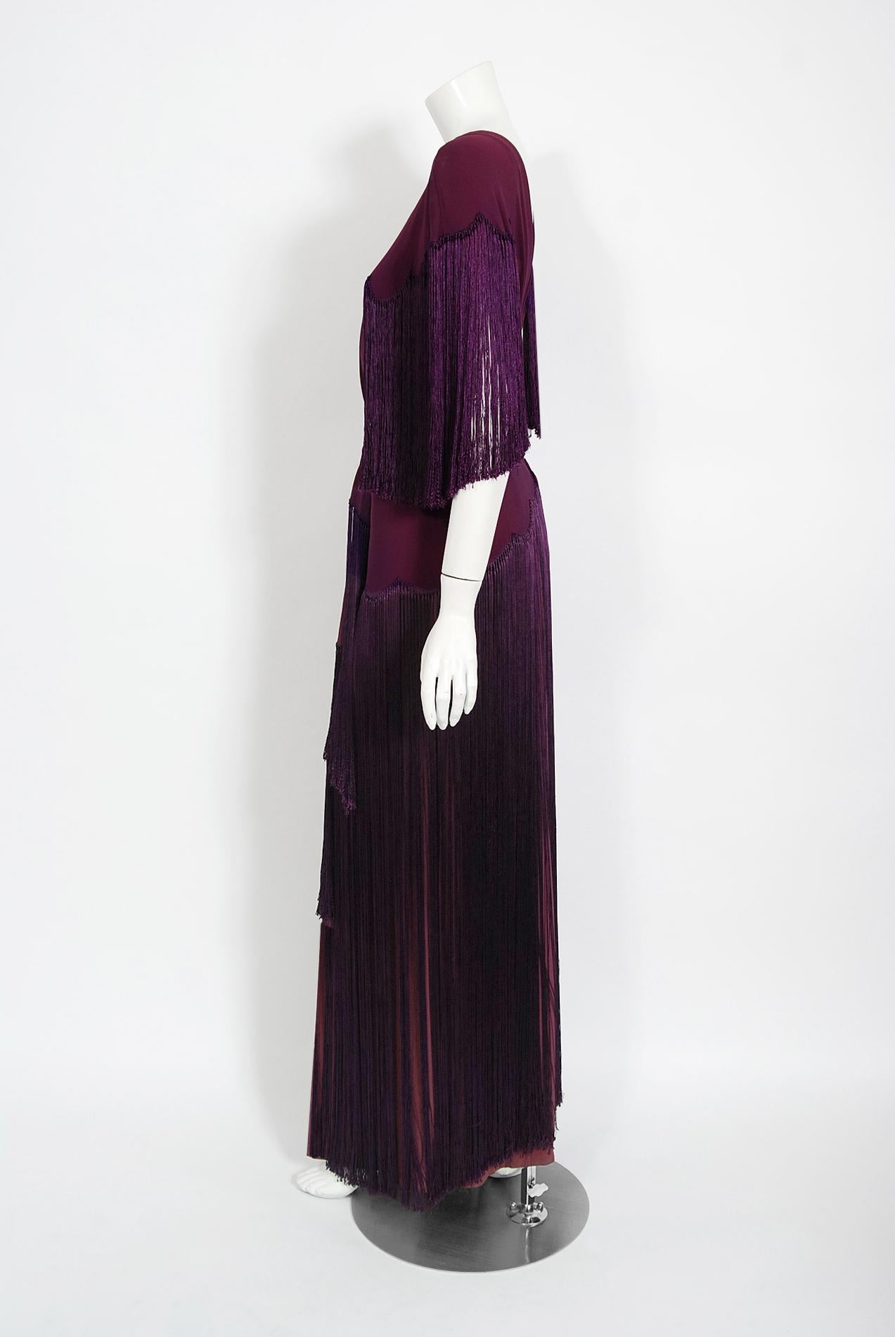 Women's Vintage 1930's Plum Purple Crepe Scalloped Silk Fringe Bias-Cut Wrap Skirt Gown