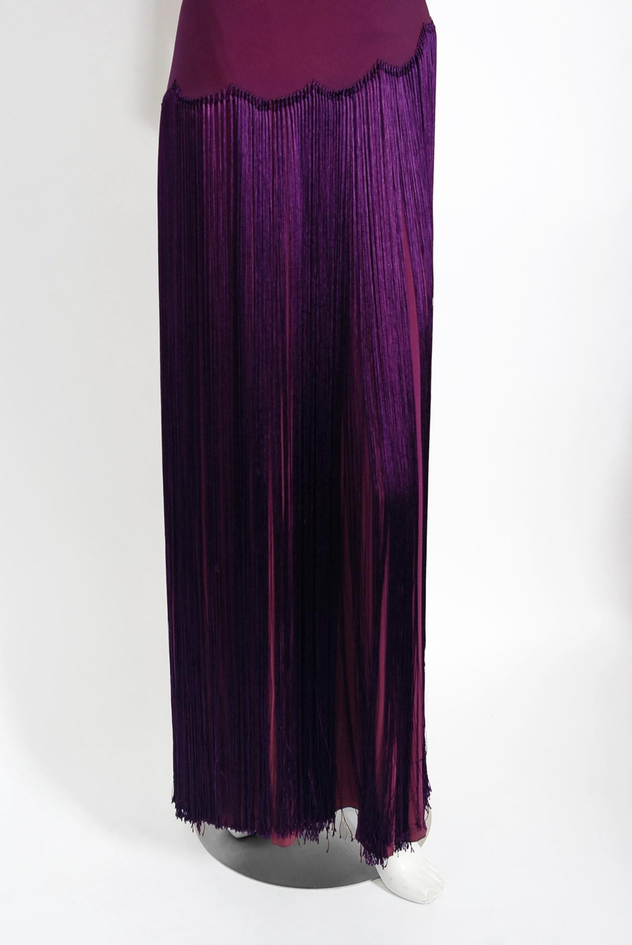 Vintage 1930's Plum Purple Crepe Scalloped Silk Fringe Bias-Cut Wrap Skirt Gown 1