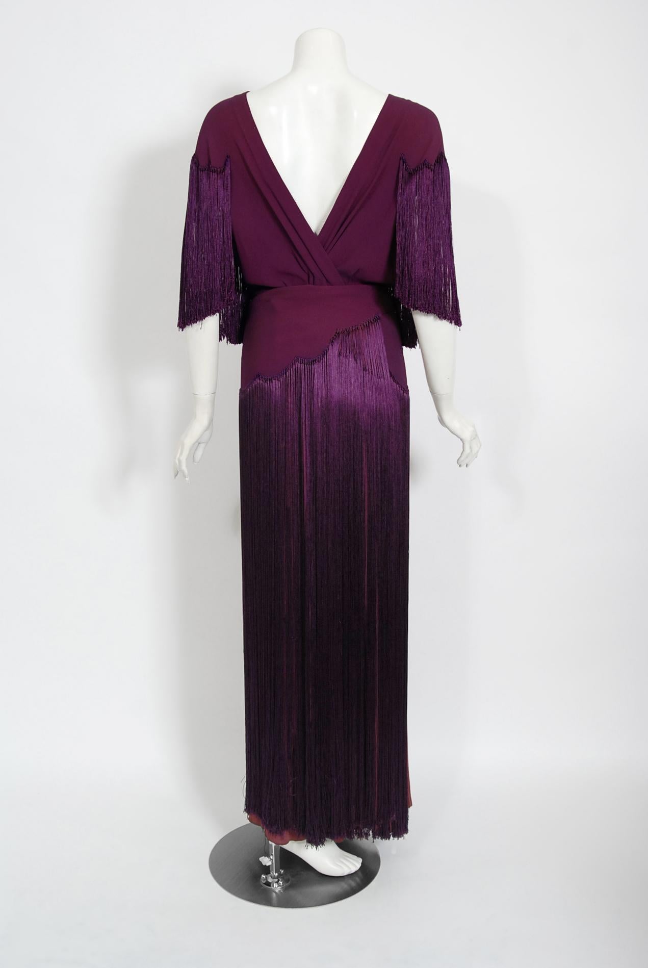 Vintage 1930's Plum Purple Crepe Scalloped Silk Fringe Bias-Cut Wrap Skirt Gown 2