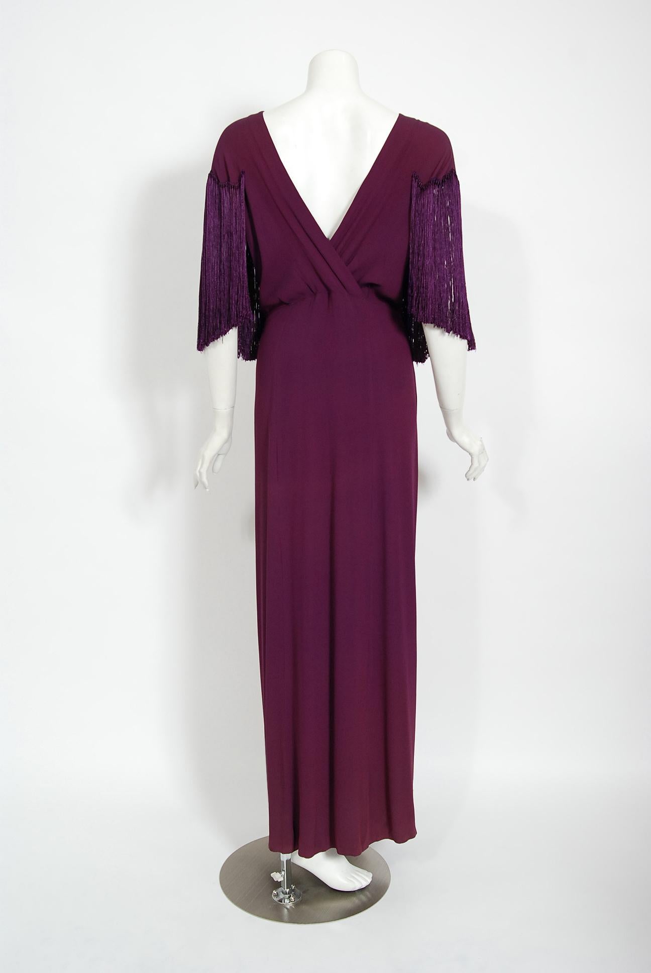 Vintage 1930's Plum Purple Crepe Scalloped Silk Fringe Bias-Cut Wrap Skirt Gown 3