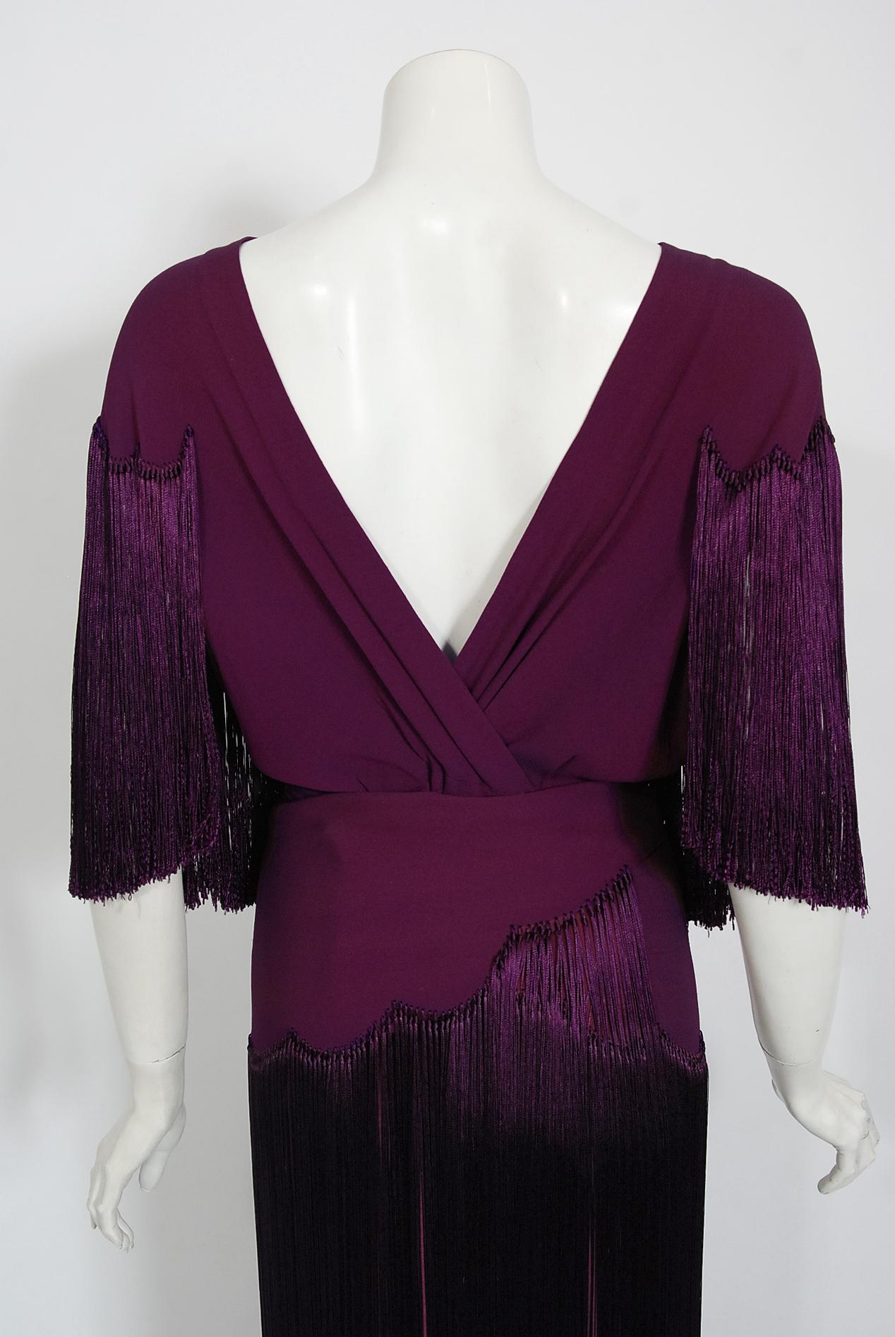 Vintage 1930's Plum Purple Crepe Scalloped Silk Fringe Bias-Cut Wrap Skirt Gown 4
