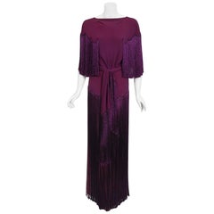Vintage 1930's Plum Purple Crepe Scalloped Silk Fringe Bias-Cut Wrap Skirt Gown