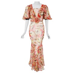 Vintage 1930's Poppies Floral Garden Sheer Chiffon Puff Sleeve Bias-Cut Gown