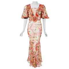 Vintage 1930's Poppies Floral Garden Sheer Chiffon Puff Sleeve Bias-Cut Gown 