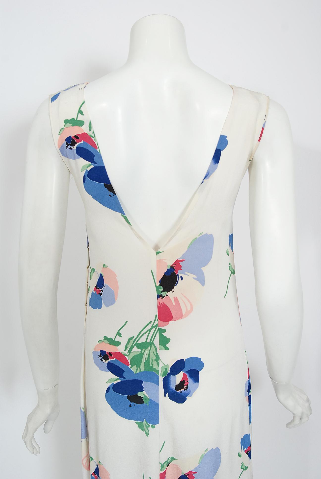 Vintage 1930's Poppy Floral Print White Rayon Bias-Cut Dress & Bolero Jacket 5