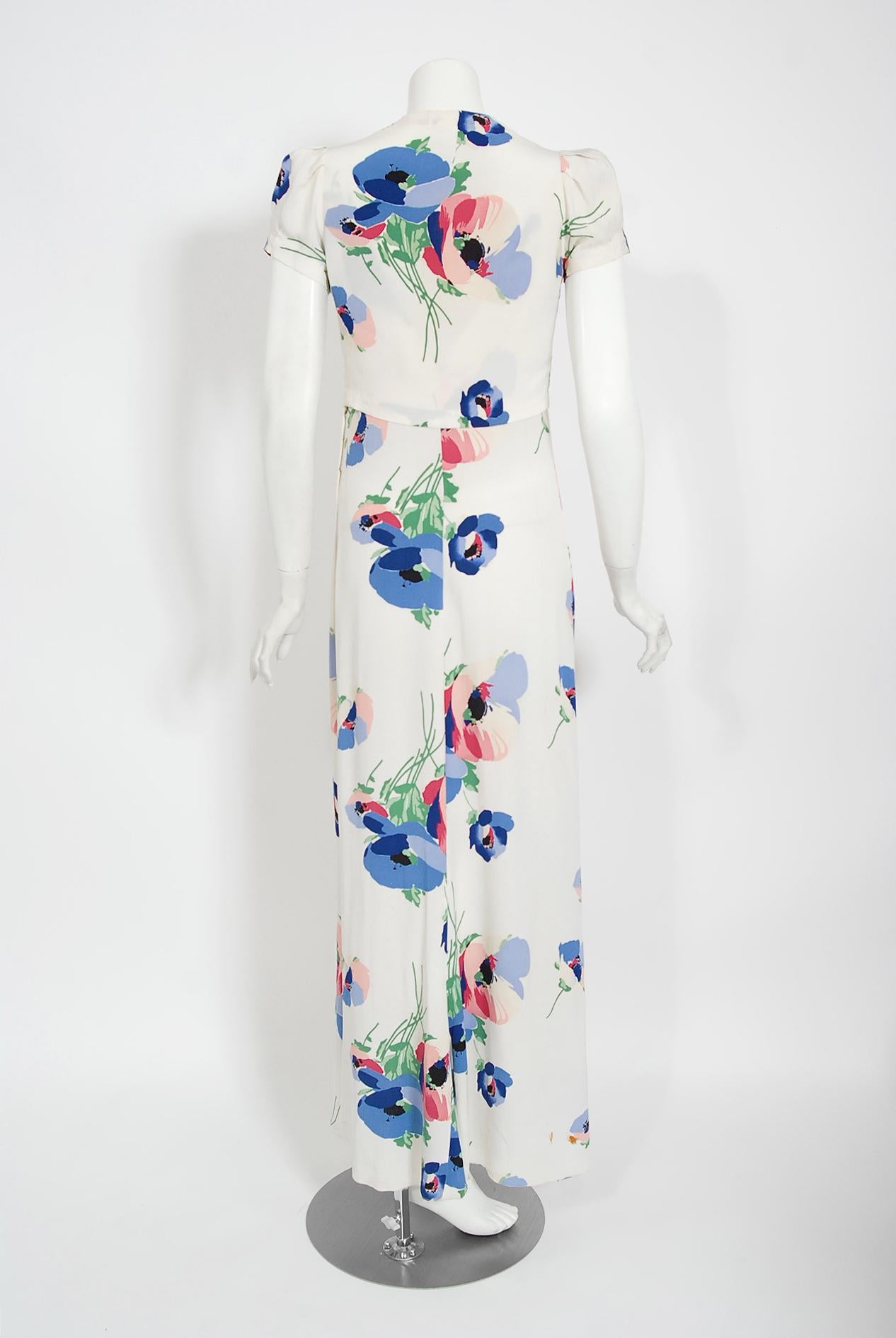 Vintage 1930's Poppy Floral Print White Rayon Bias-Cut Dress & Bolero Jacket 6