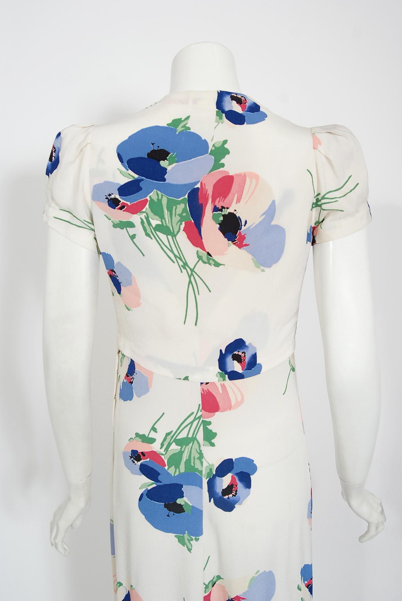 Vintage 1930's Poppy Floral Print White Rayon Bias-Cut Dress & Bolero Jacket 7