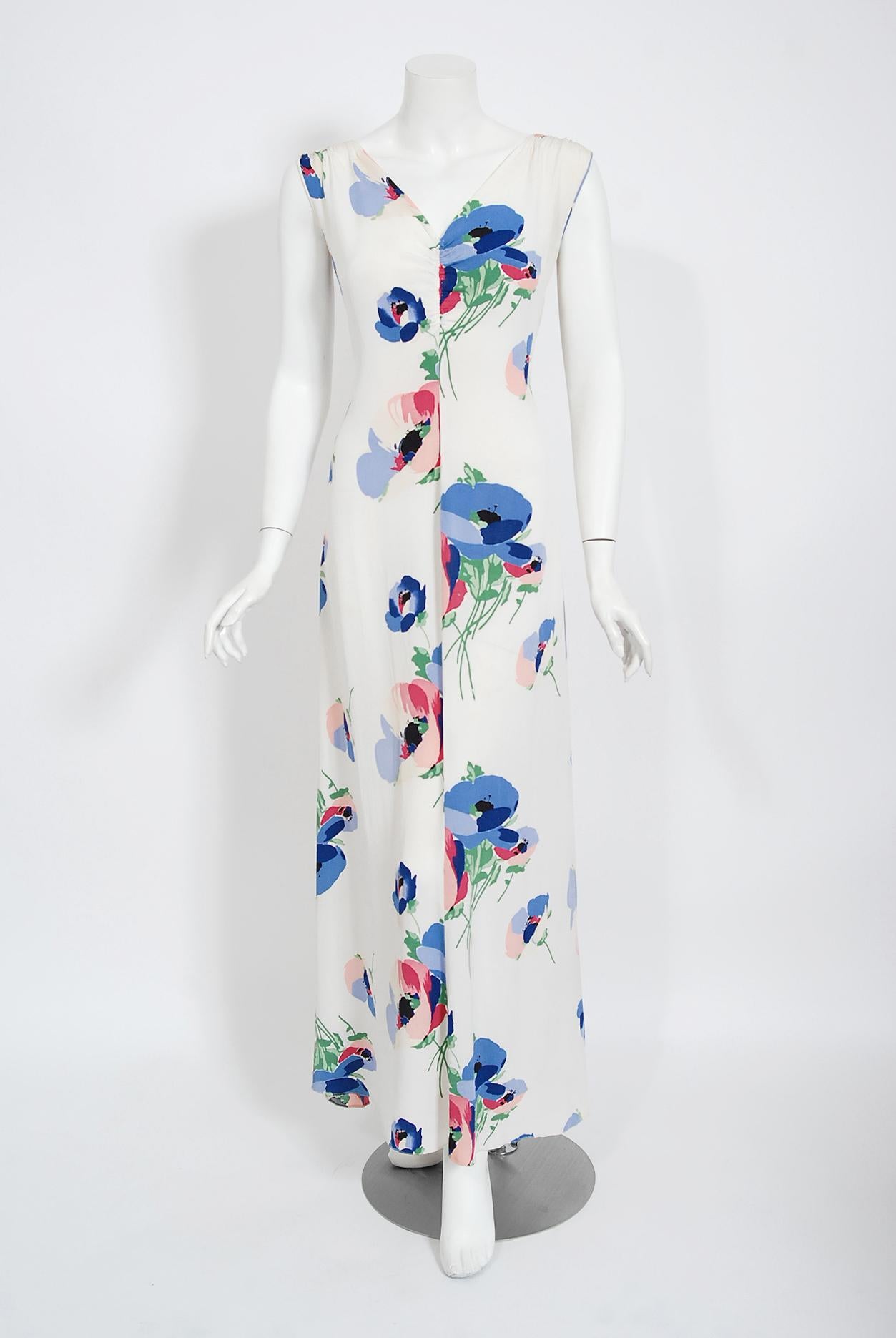 Vintage 1930's Poppy Floral Print White Rayon Bias-Cut Dress & Bolero Jacket 1