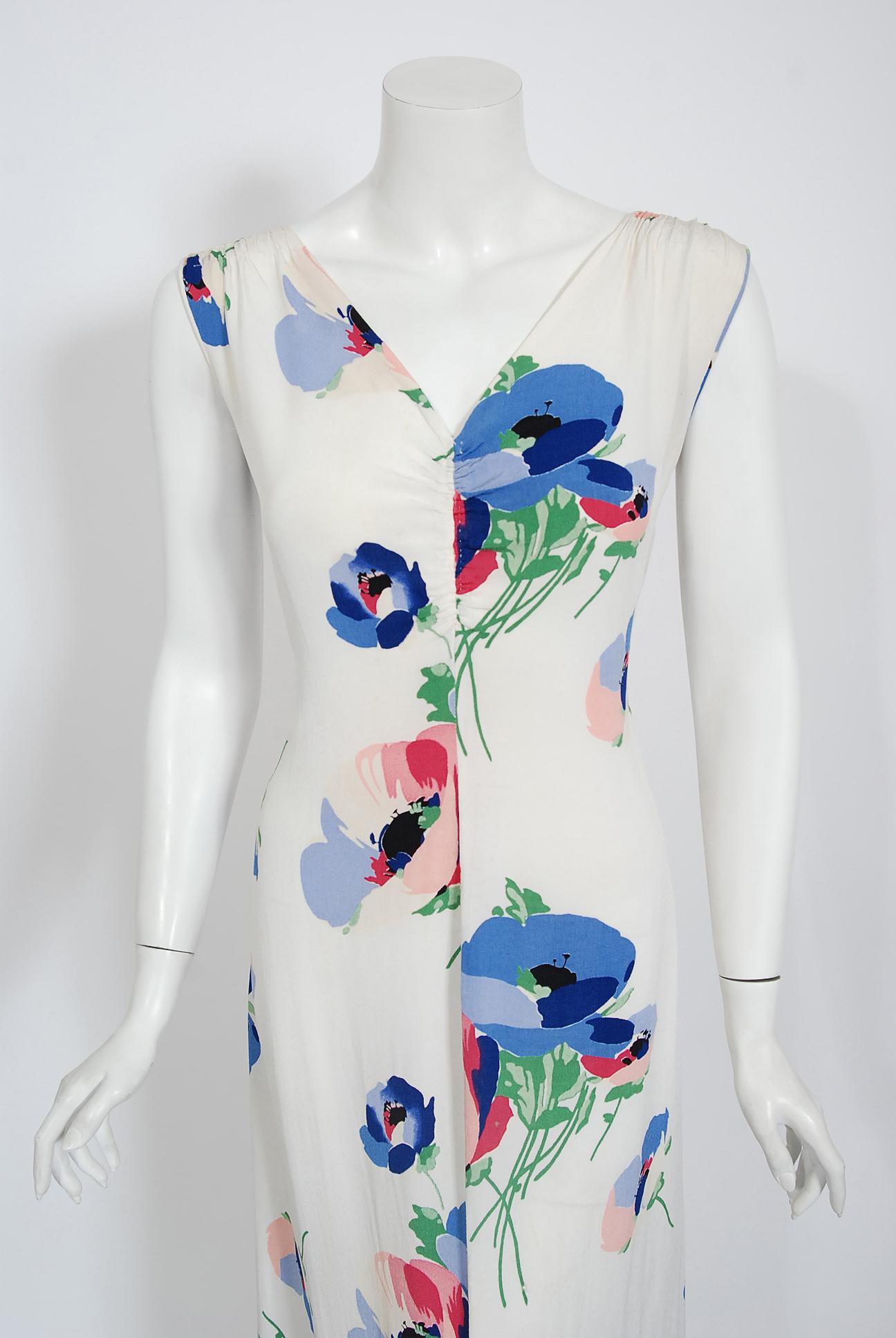 Vintage 1930's Poppy Floral Print White Rayon Bias-Cut Dress & Bolero Jacket 2