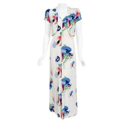 Vintage 1930's Poppy Floral Print White Rayon Bias-Cut Dress & Bolero Jacket