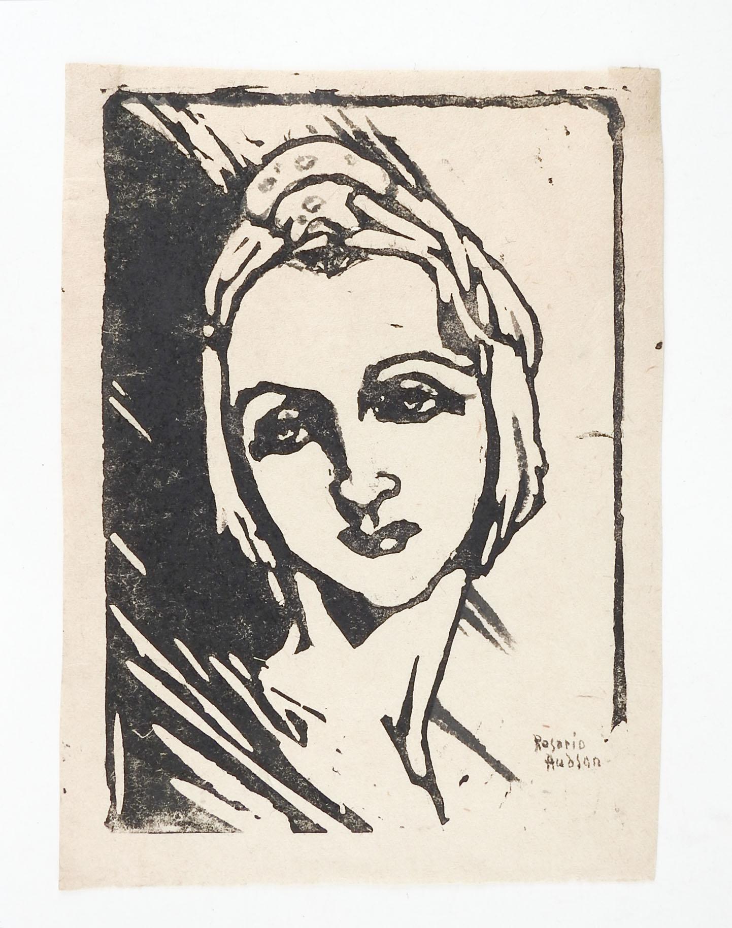 Holzschnitt auf Papier Porträt einer jungen Frau ca. 1930er Jahre. Signiert Rosario Hudson in der rechten unteren Ecke. Ungerahmt, Alterstönung.