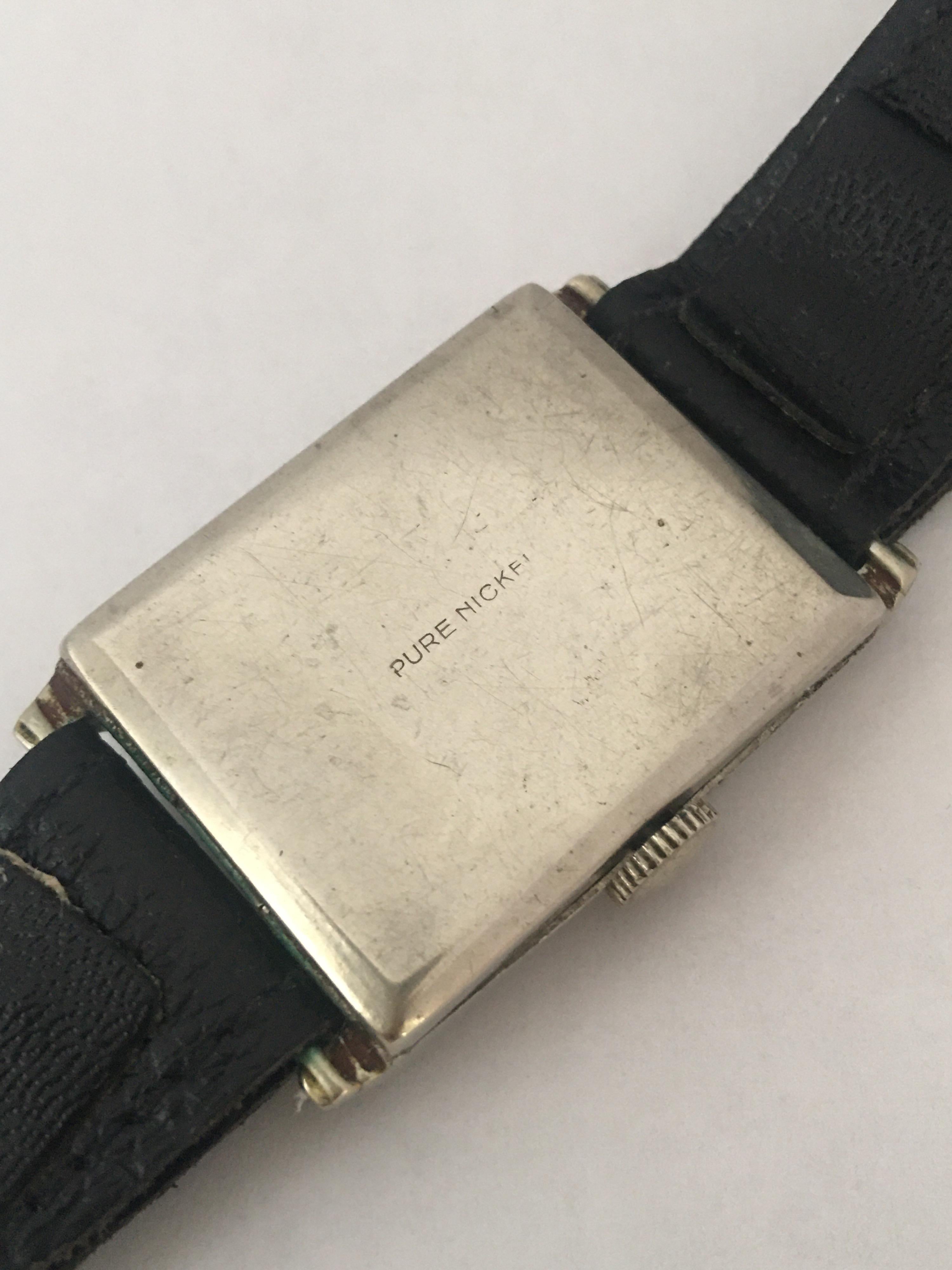 Women's or Men's Vintage 1930s Pure Nickel Rectangular Mechanical Watch For Sale