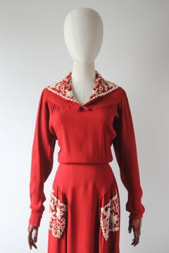 Vintage 1930's Red Crepe Silk Dress Cream Wool Embroidered Soutache UK 10 US 6