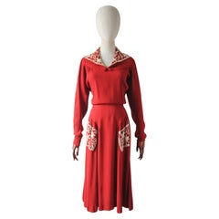 Vintage 1930's Red Crepe Silk Dress Cream Wool Embroidered Soutache UK 10 US 6