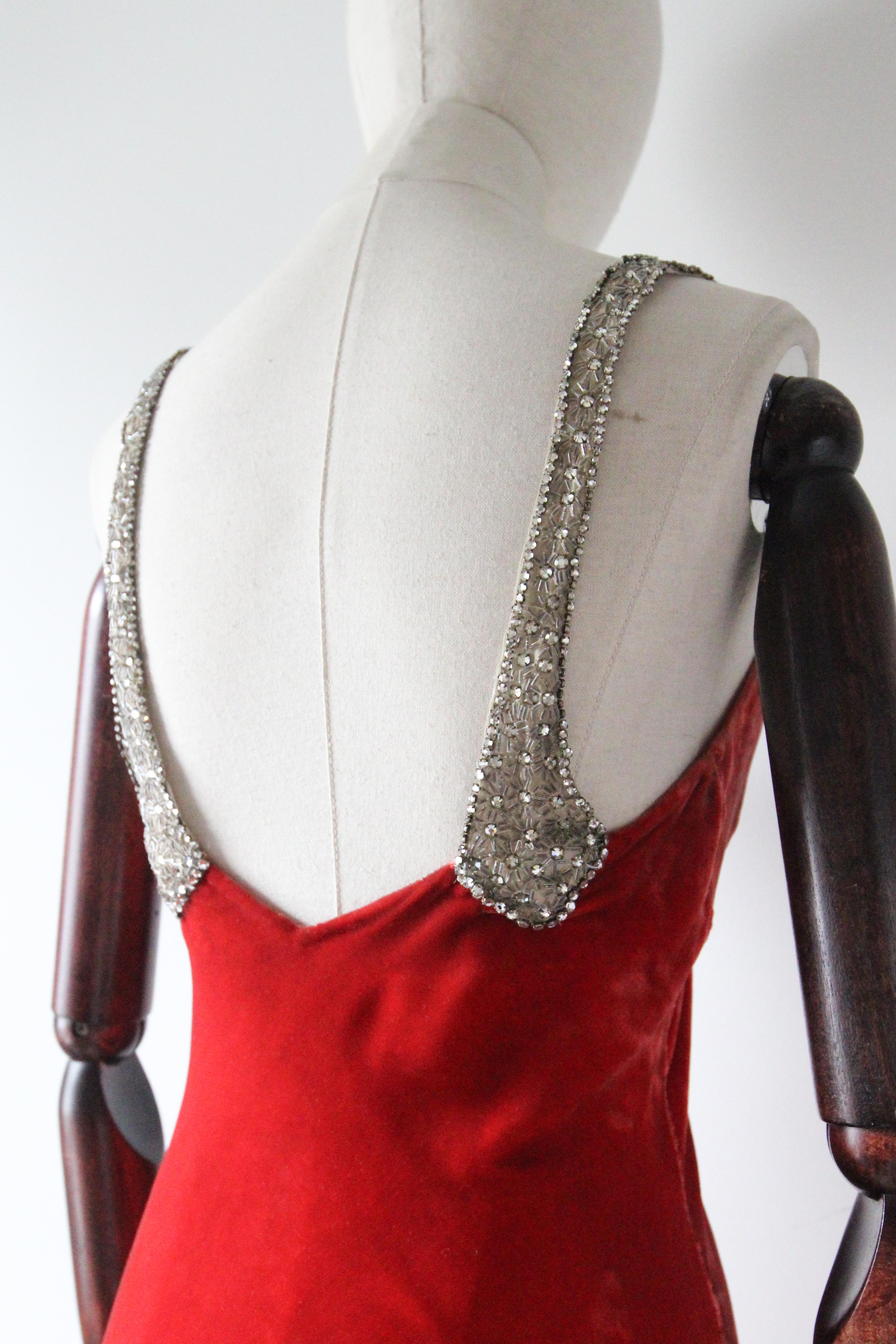 Vintage 1930's red silk velvet floral bias cut evening dress UK 8-12 US 4-8 6