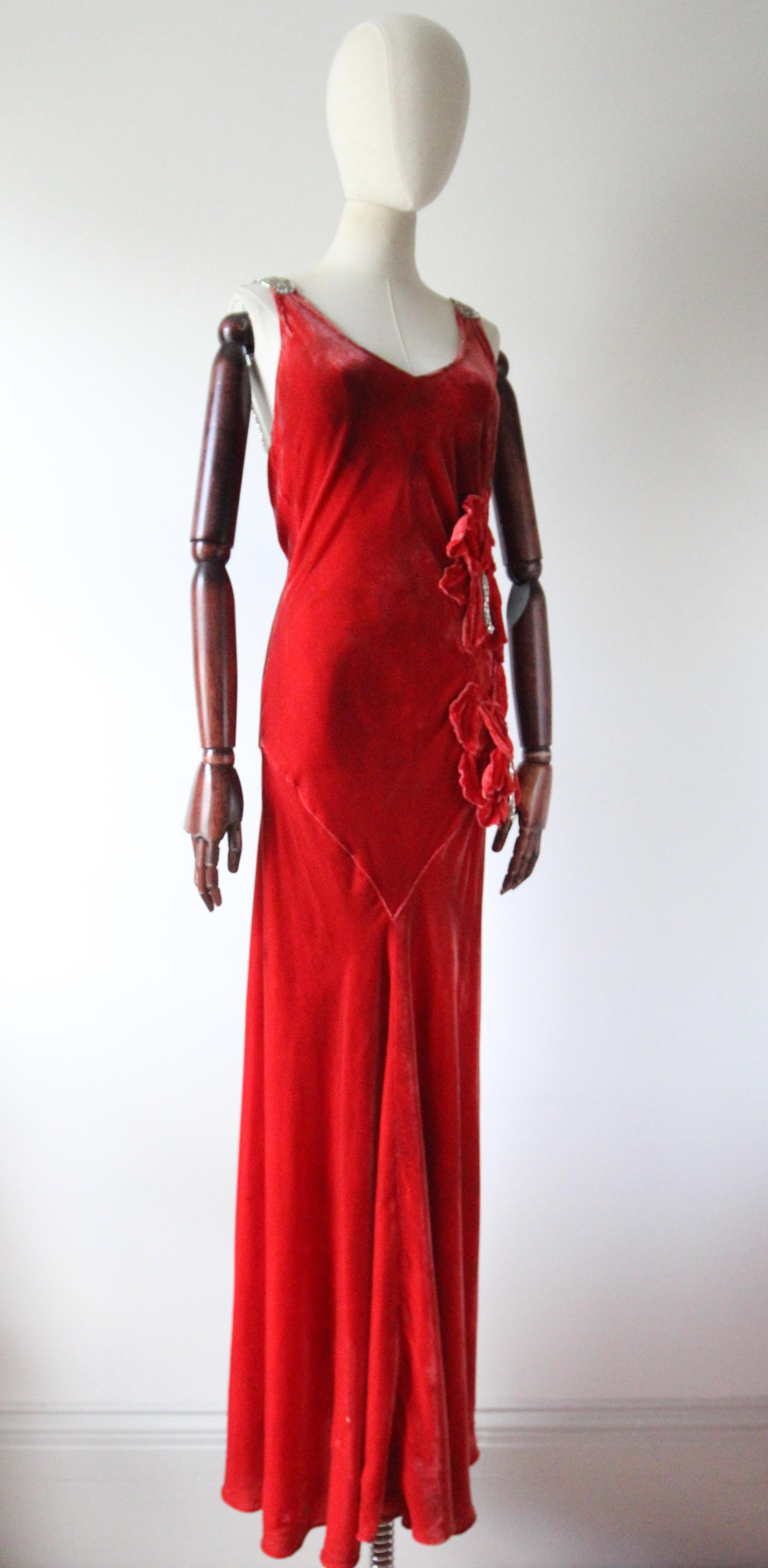 Women's Vintage 1930's red silk velvet floral bias cut evening dress UK 8-12 US 4-8