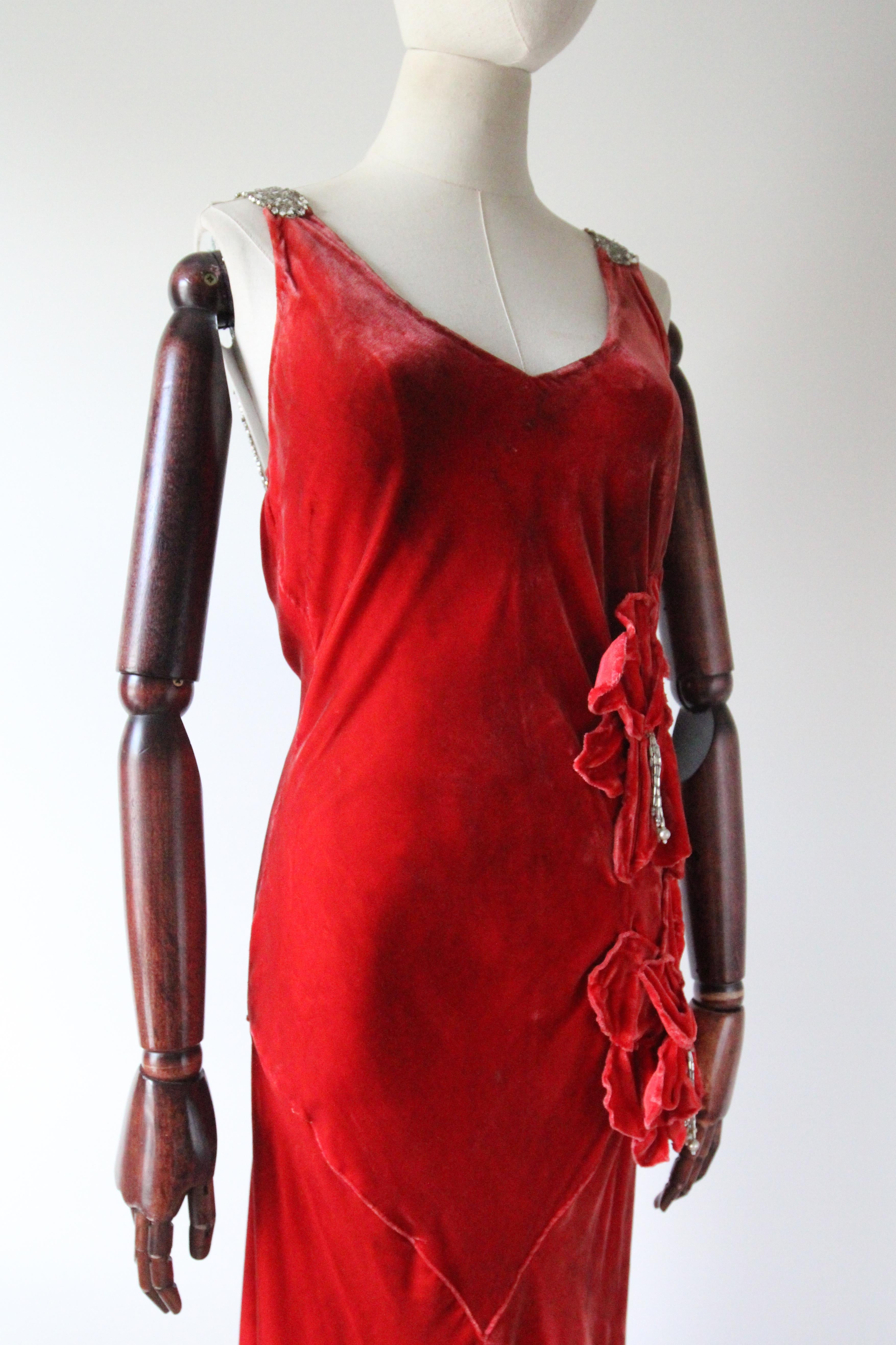 Vintage 1930's red silk velvet floral bias cut evening dress UK 8-12 US 4-8 1