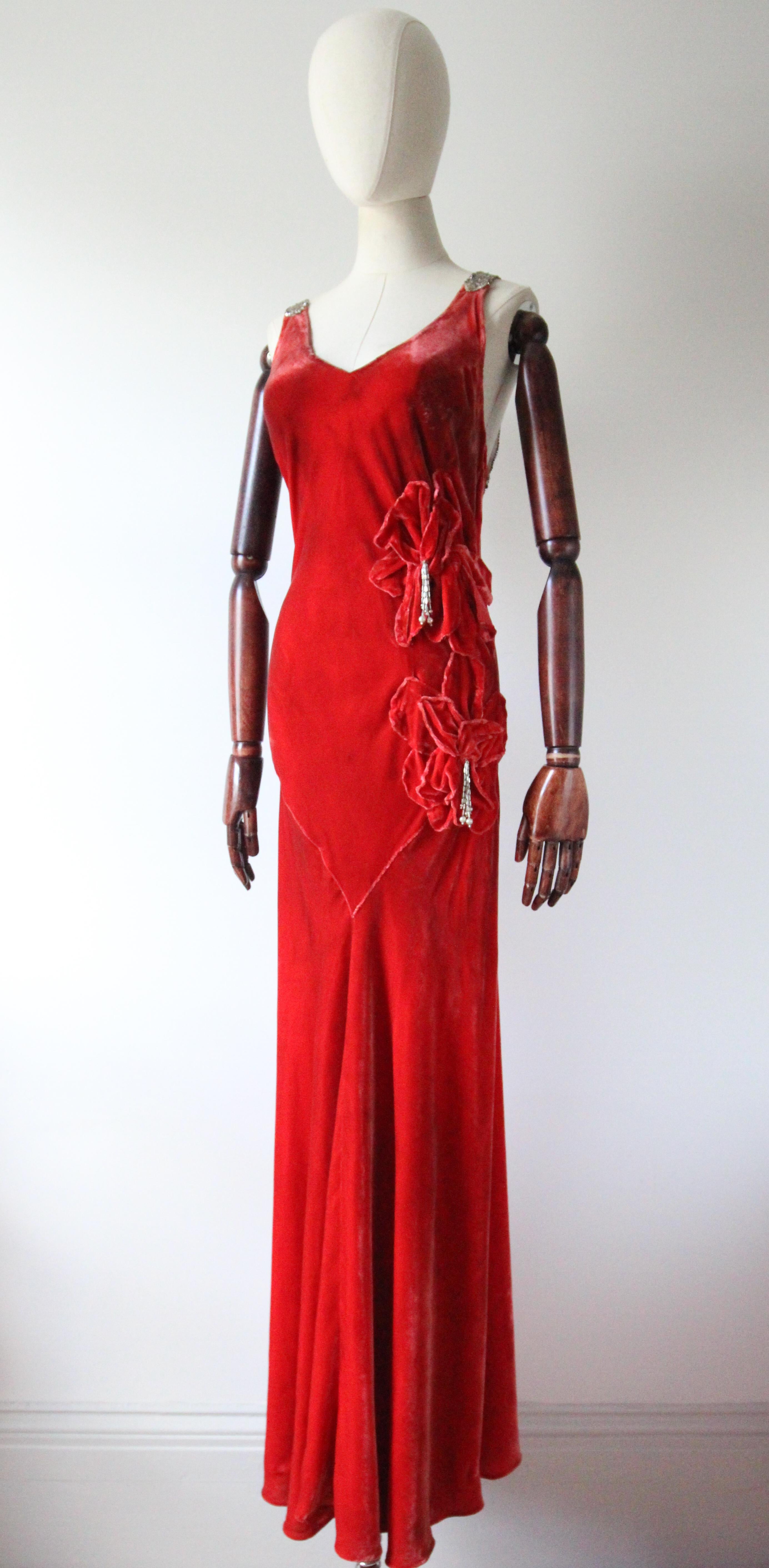 Vintage 1930's red silk velvet floral bias cut evening dress UK 8-12 US 4-8 2