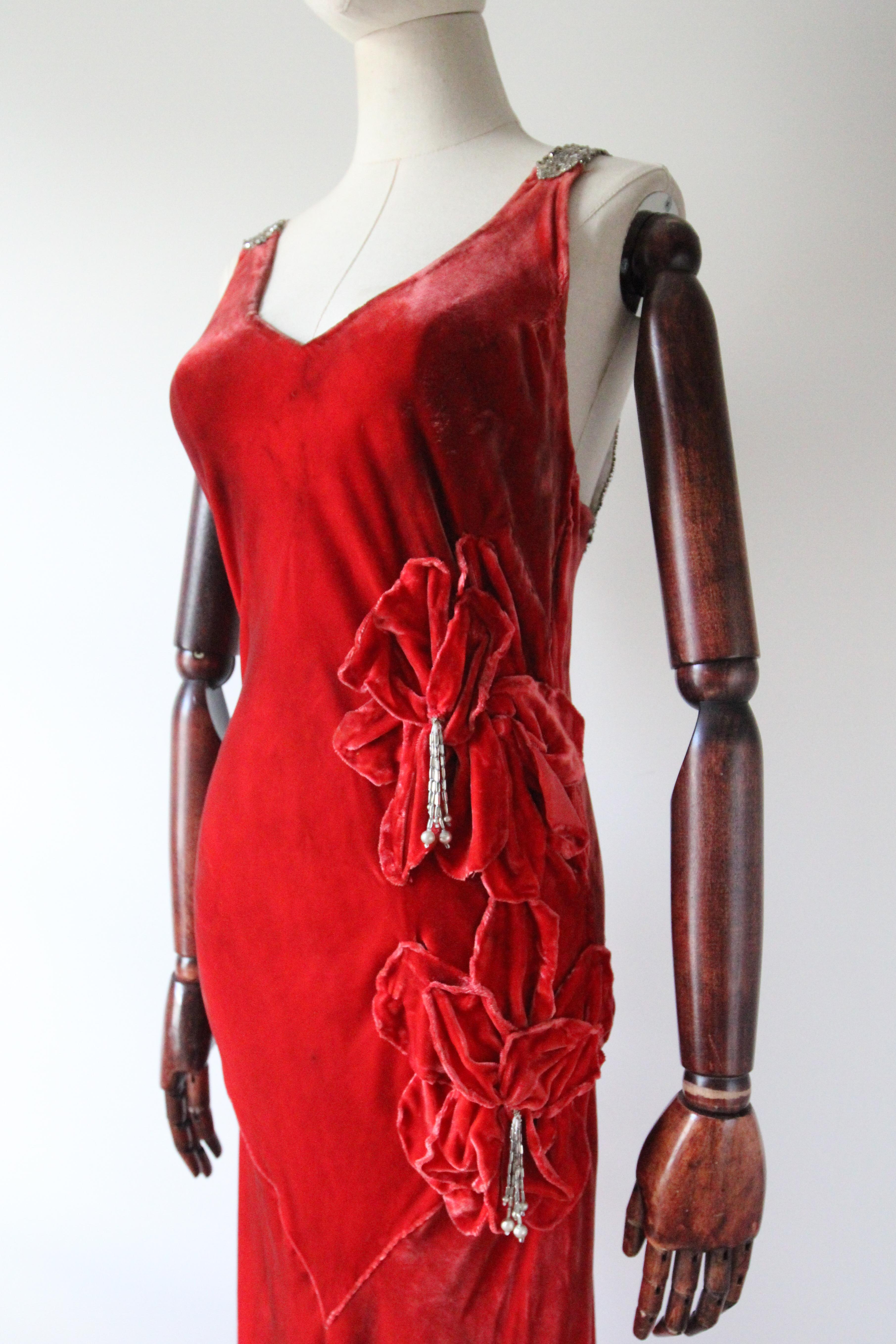 Vintage 1930's red silk velvet floral bias cut evening dress UK 8-12 US 4-8 3