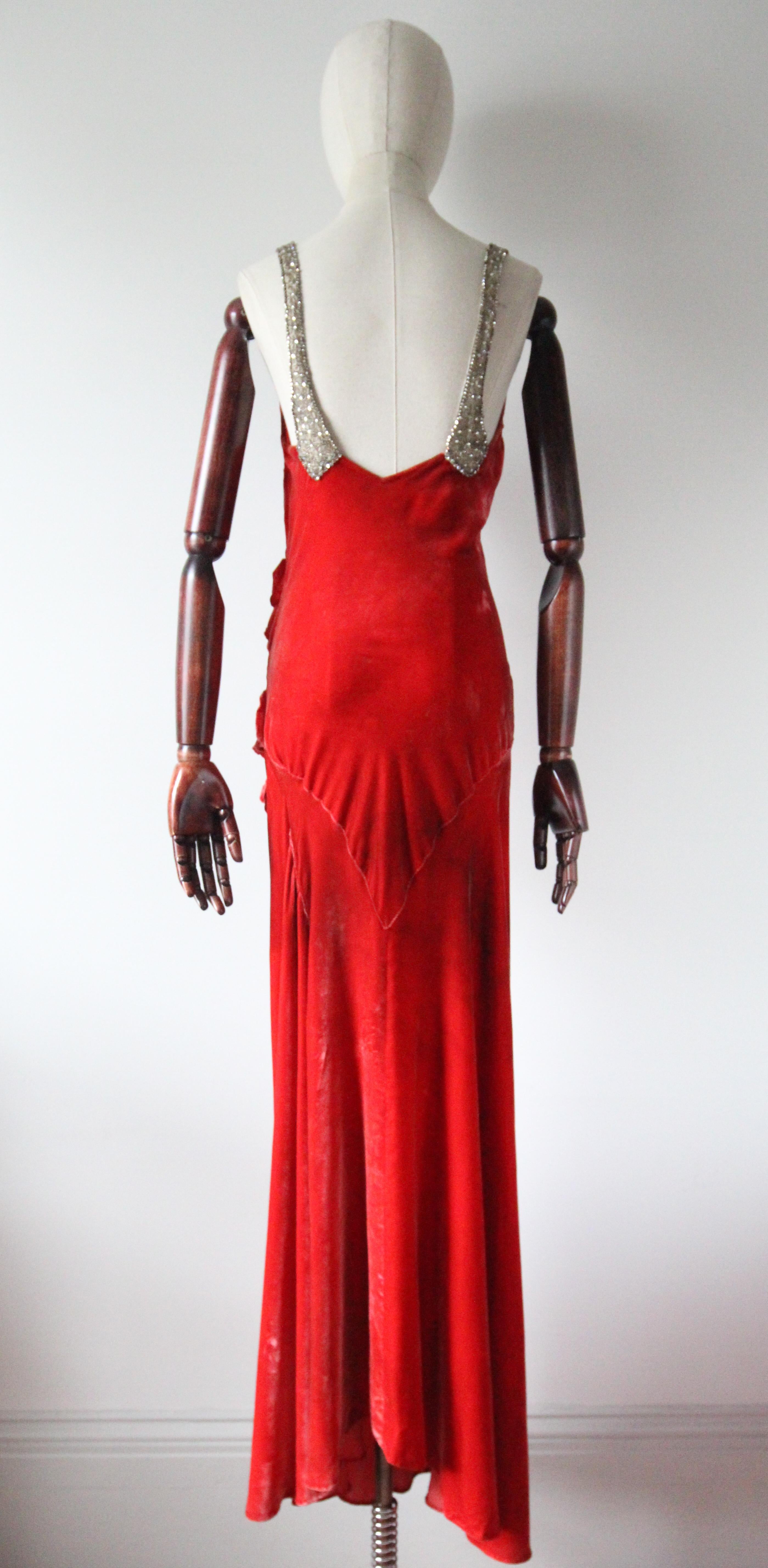 Vintage 1930's red silk velvet floral bias cut evening dress UK 8-12 US 4-8 5
