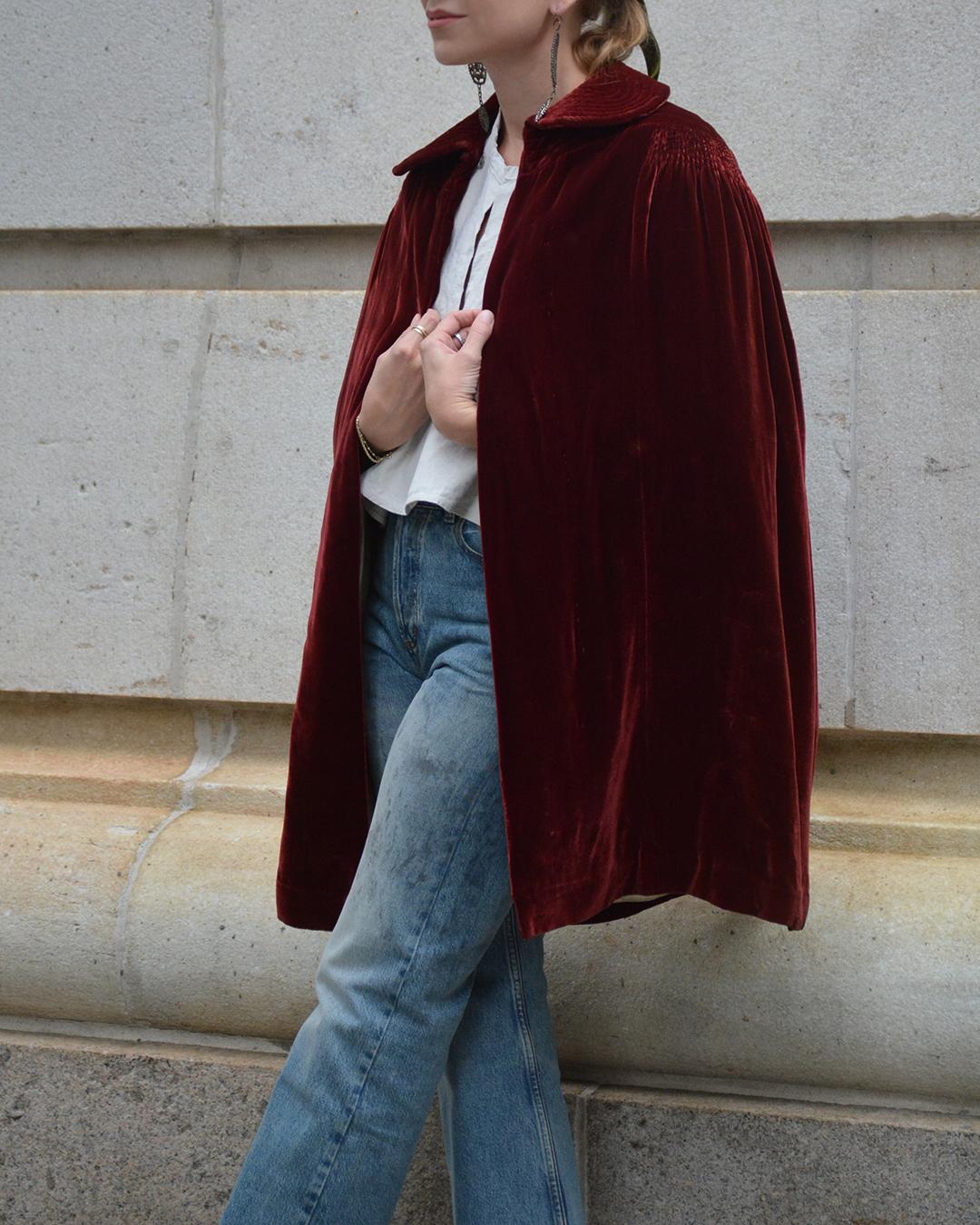 Black Vintage 1930s Red Velvet Cape For Sale