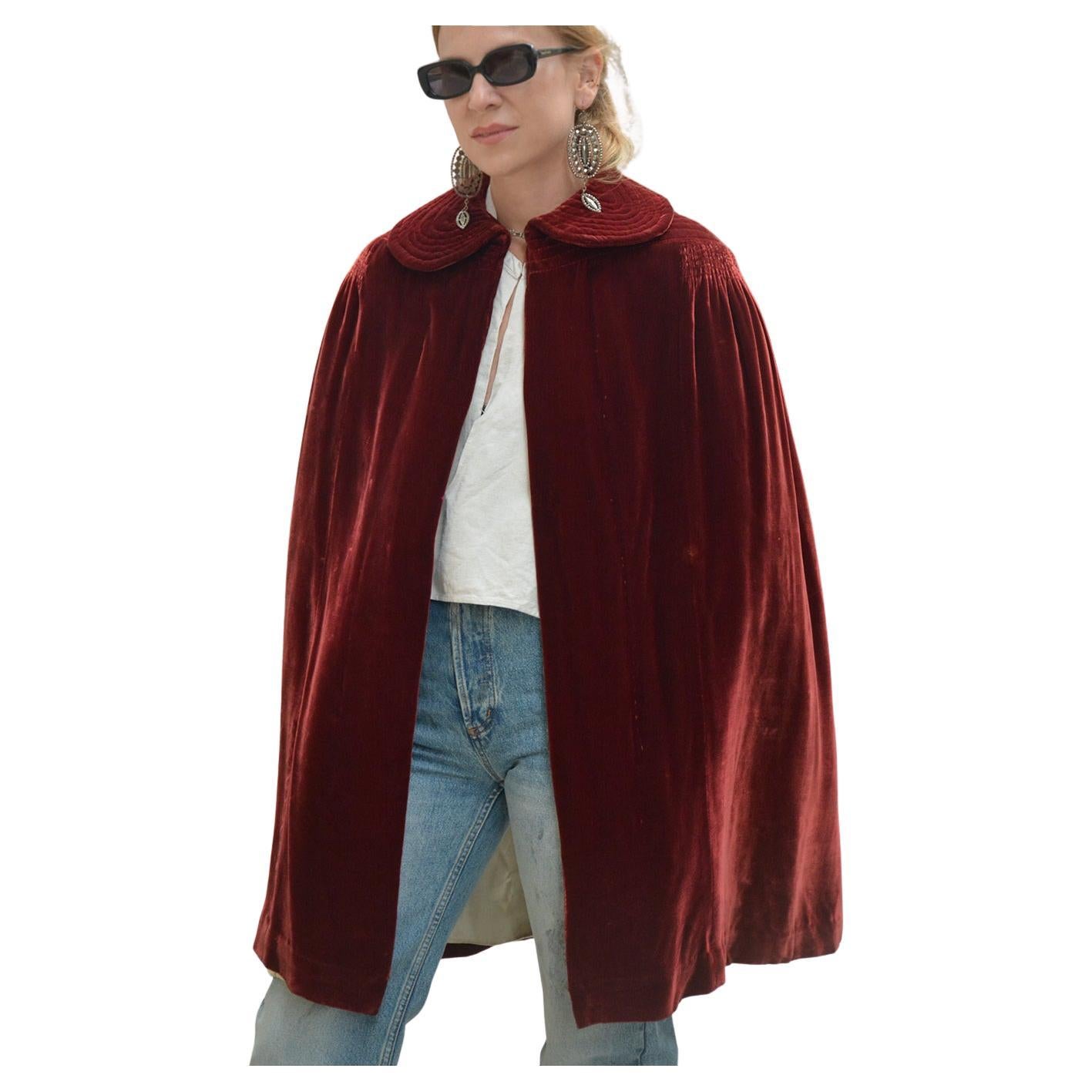 Vintage 1930s Red Velvet Cape For Sale