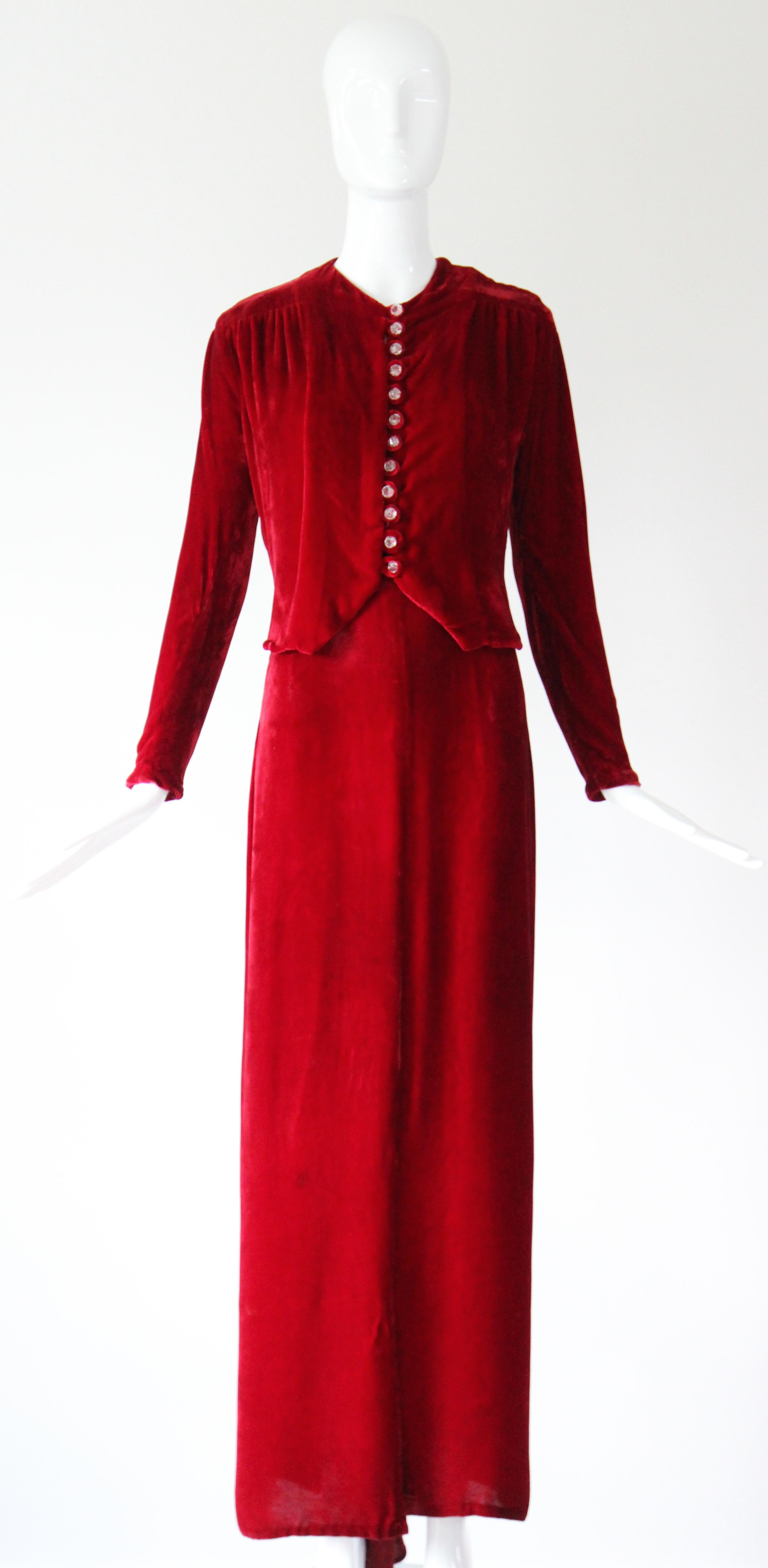 Vintage 1930's rotes Samtkleid und Jacke 1930's Schrägschnitt UK 6- 8 US 2-4 im Angebot 6