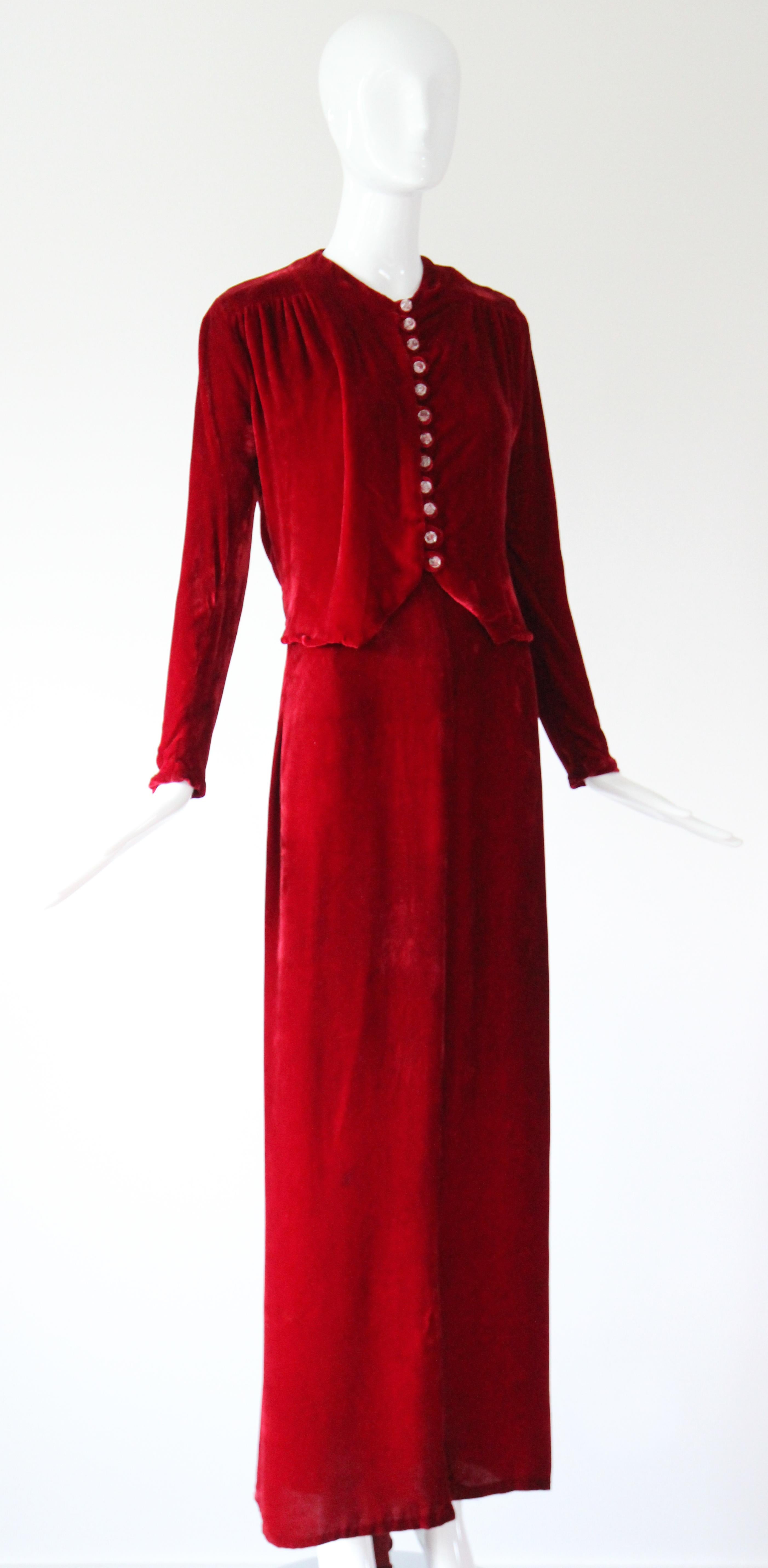 Vintage 1930's rotes Samtkleid und Jacke 1930's Schrägschnitt UK 6- 8 US 2-4 im Angebot 8
