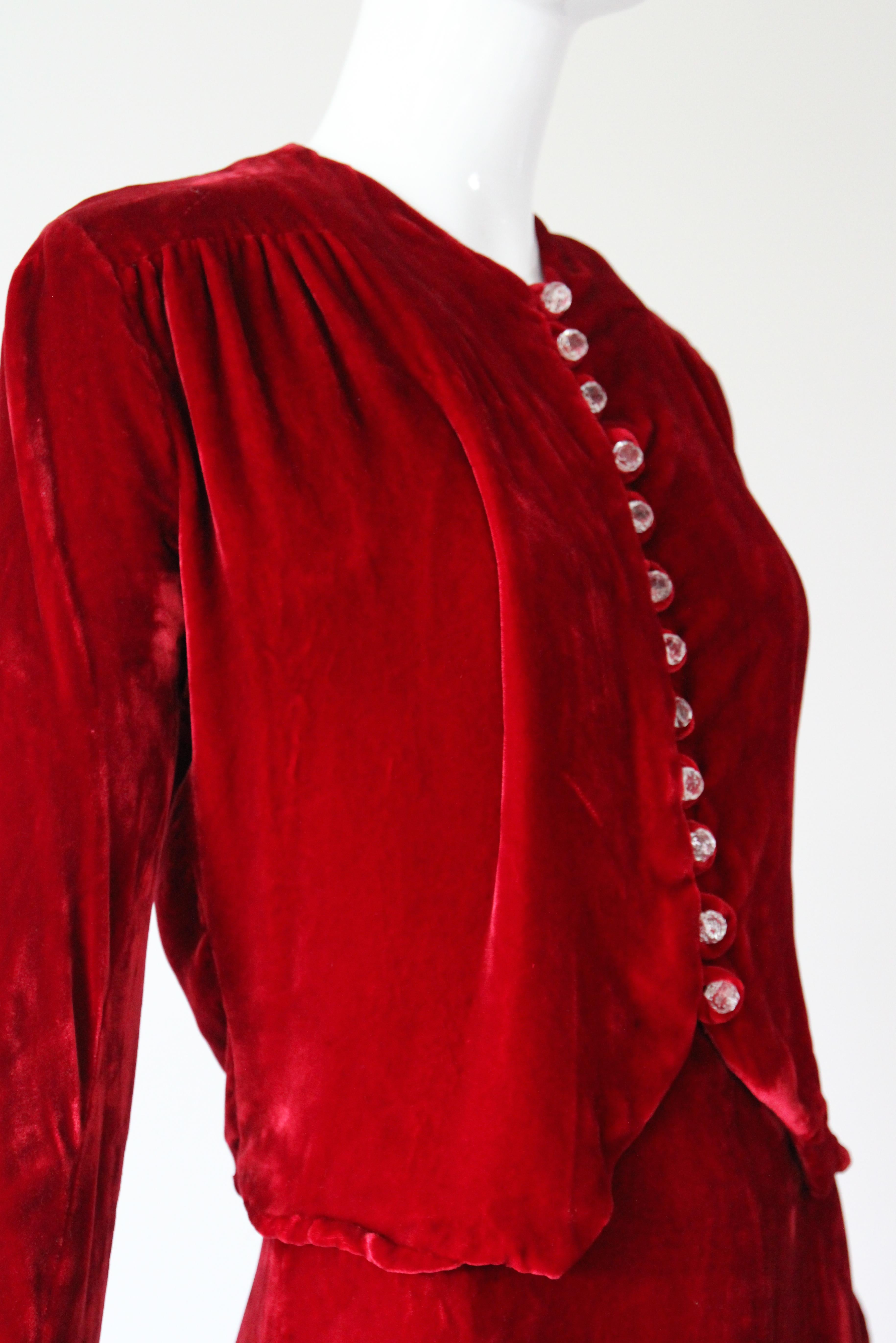 Vintage 1930's rotes Samtkleid und Jacke 1930's Schrägschnitt UK 6- 8 US 2-4 im Angebot 9