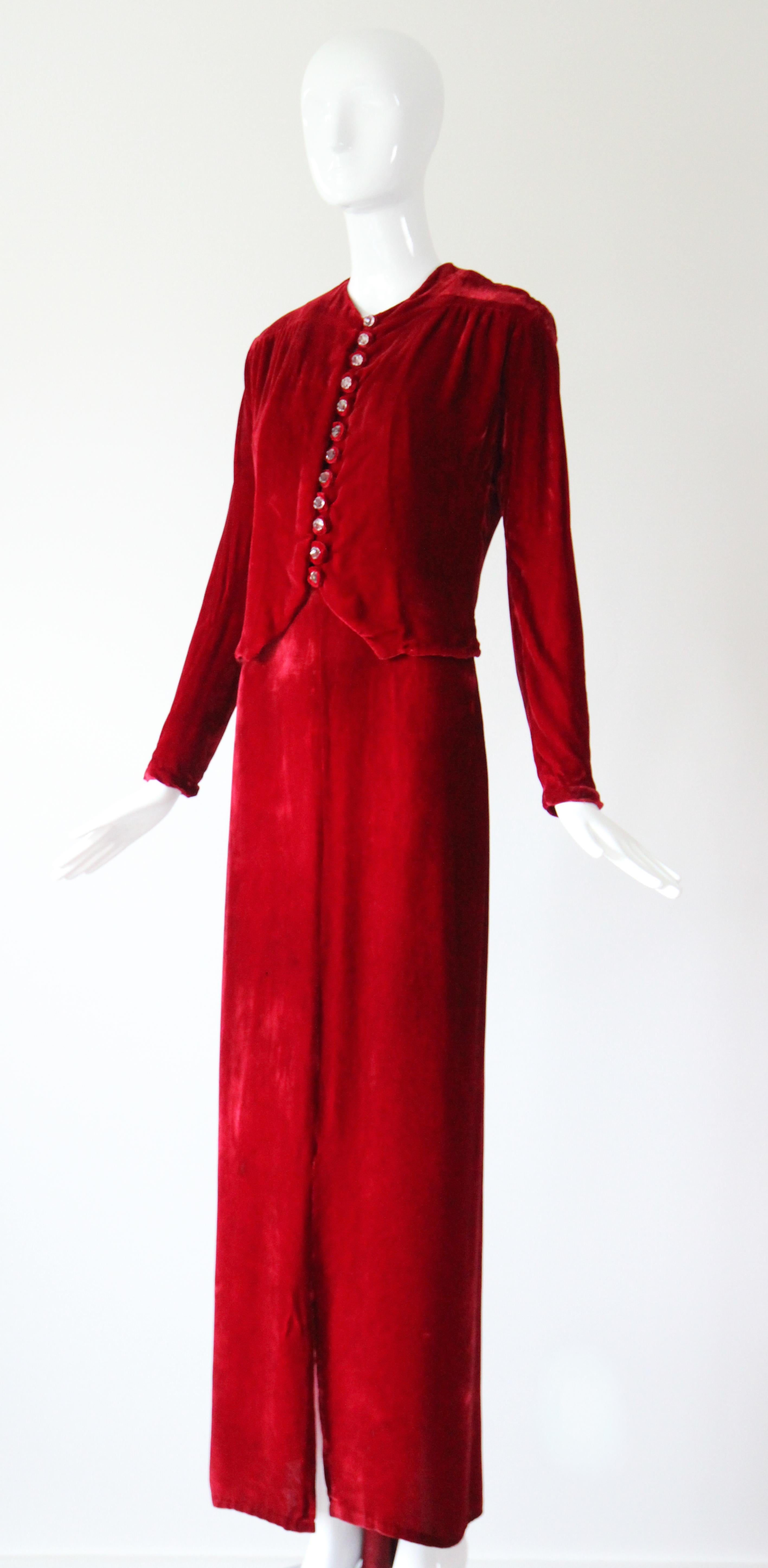 Vintage 1930's rotes Samtkleid und Jacke 1930's Schrägschnitt UK 6- 8 US 2-4 im Angebot 10