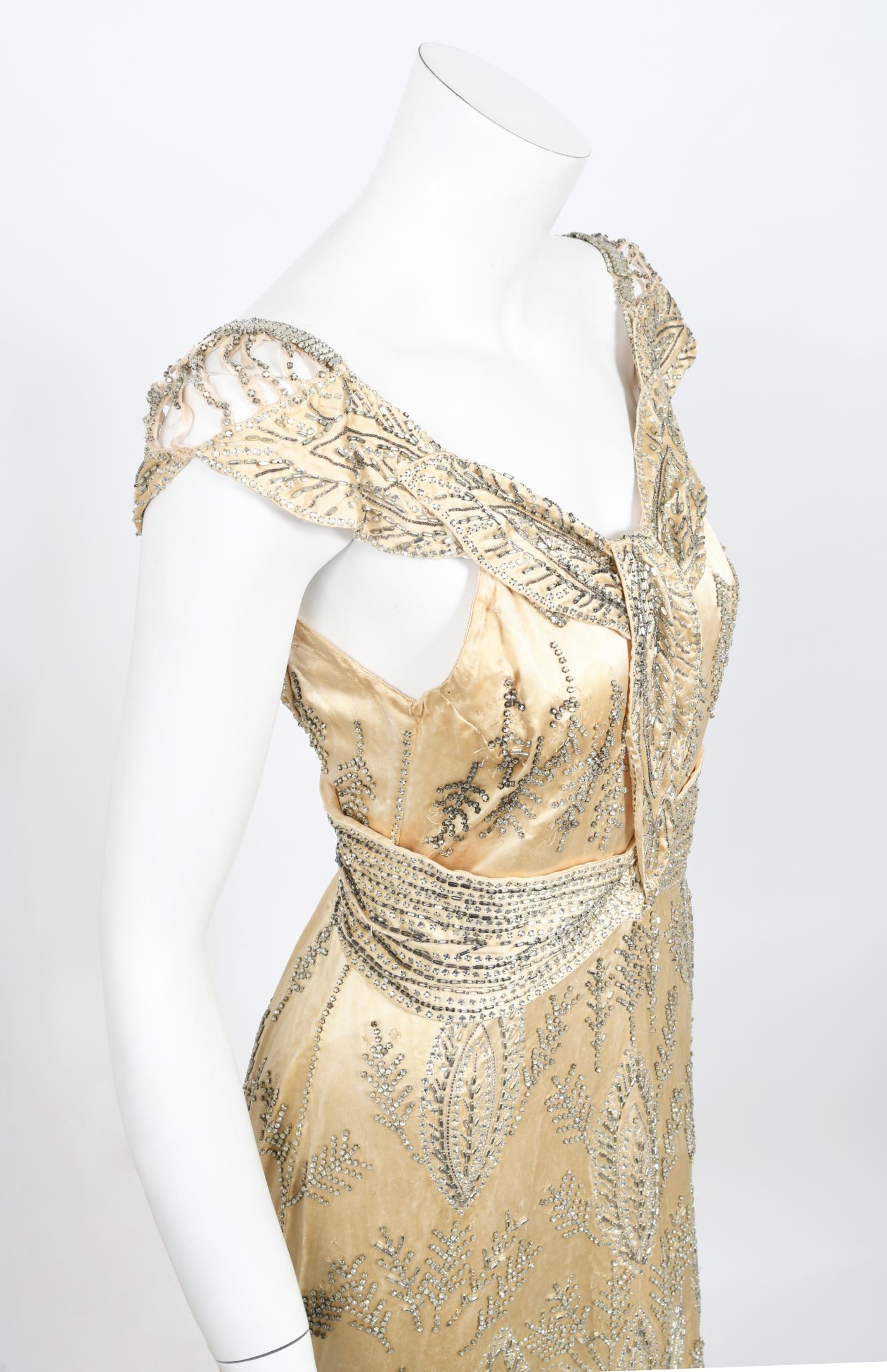 Vintage 1930's Rhinestone Beaded Candlelight Silk Trained Old Hollywood Gown For Sale 9